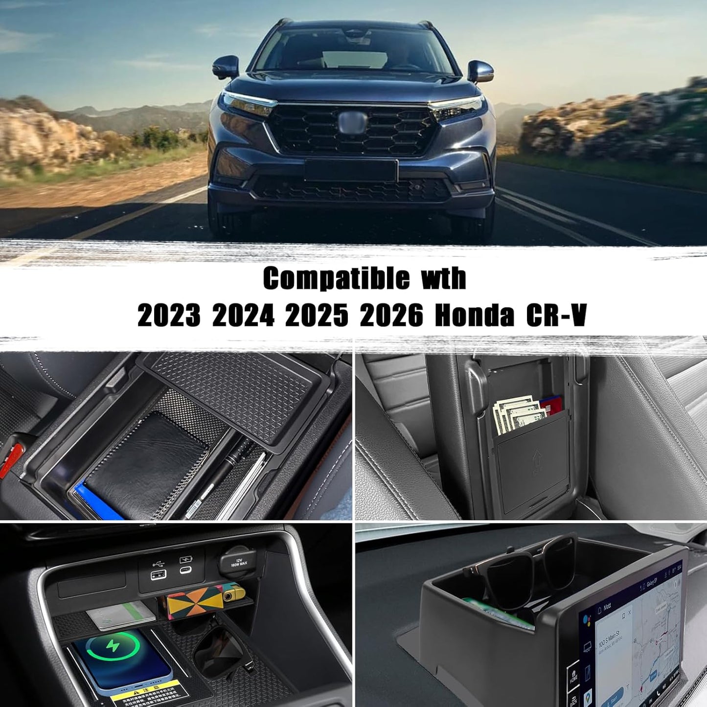 4PCS Center Console Organizer Compatible with 2023 2024 2025 2026 Honda CRV EX-L/Sport-L Hybrid Dashboard Tray and Armrest Storage Box Armrest Hidden Tray Interior Accessories