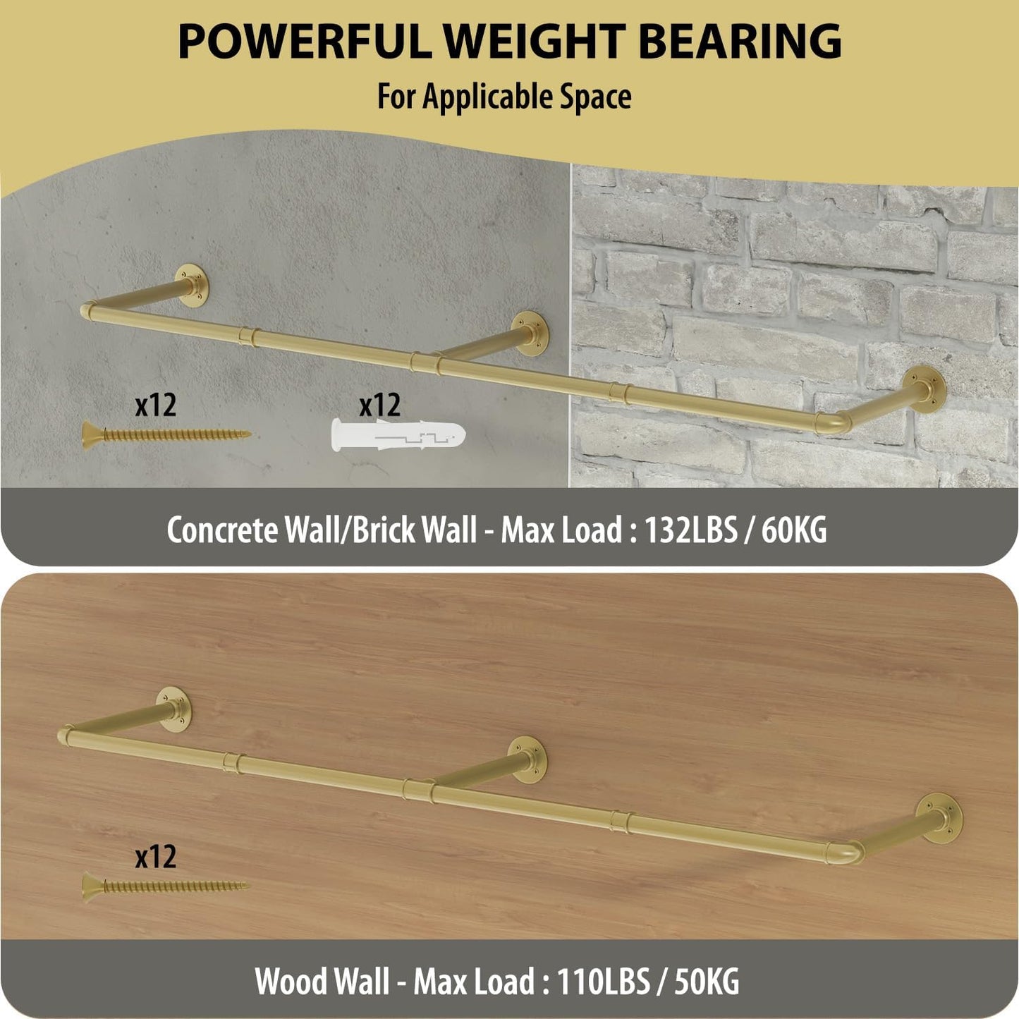 Wall Mounted Clothes Rack, 72" Industrial Pipe Clothing Rack, Heavy Duty Gold Garment Rack Bar, Multi-Function Hanging Clothes Rod for Laundry Room,Bedroom,Dressing Room,Closet Storage