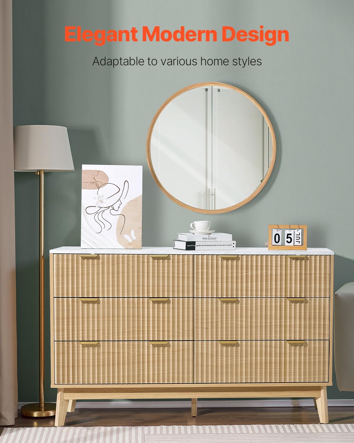 VEVOR Fluted 6 Drawer Dresser, 54" Wide Chest of Drawers with Faux Marble Top, Modern Dresser TV Stand, Wooden Closet Clothes Storage Organizer for Bedroom, Living Room, Hallway, Entryway, Natural Oak