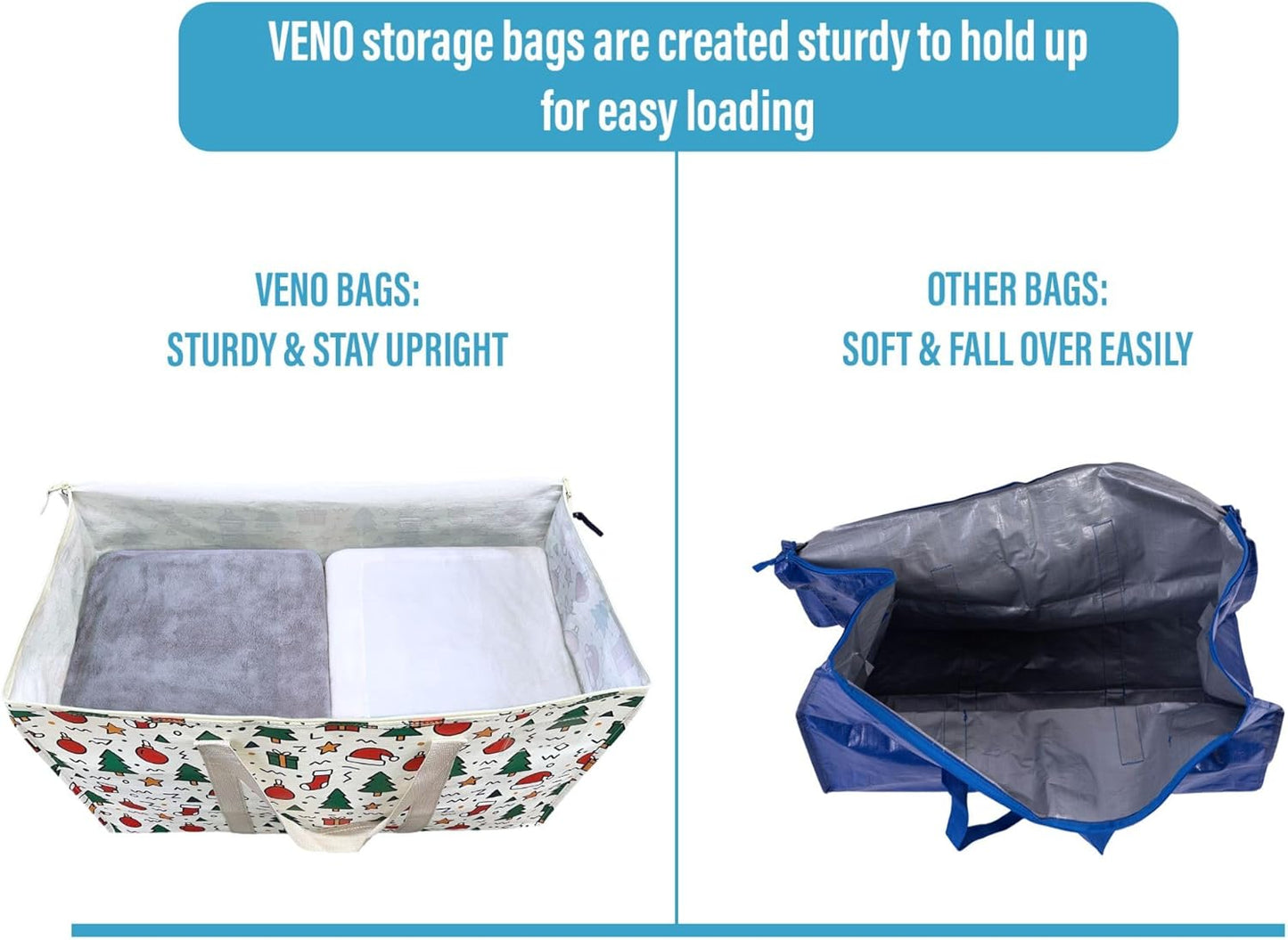 VENO 2 Pack Moving Bags and Large Christmas Storage Bins with lids. Alternative to Moving Boxes, Packing Supplies for College. Extra Large Heavy Duty Totes for Packaging (Jingle Mix, 2 Pack)
