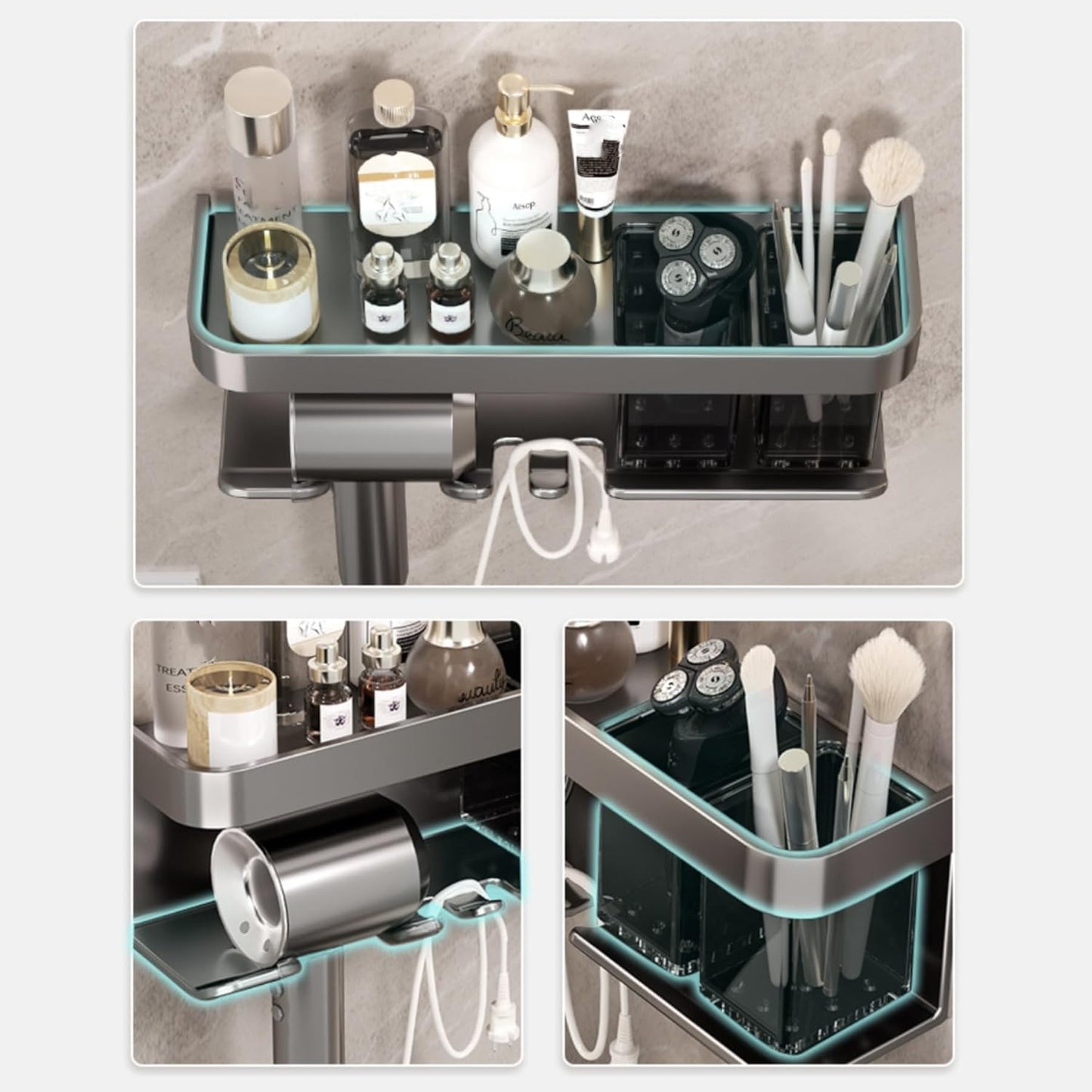 Hair Dryer Holder Wall Mounted,Blow Dryer Organizer,With shelf & individually removable Organizer box, Aluminum Blow Dryer Holder for Bathroom, Salon Organizers & Storage (Matte Grey, large)