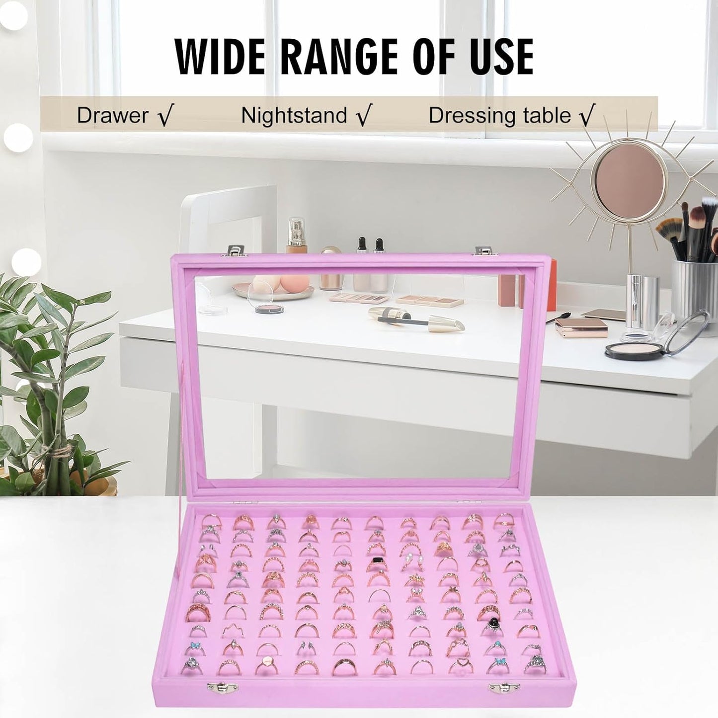 Velvet Ring Display Tray Organizer Box with Transparent Lid, 100 Slot Ring Holder Showcase For Store Display Jewelry Show Home, Pink