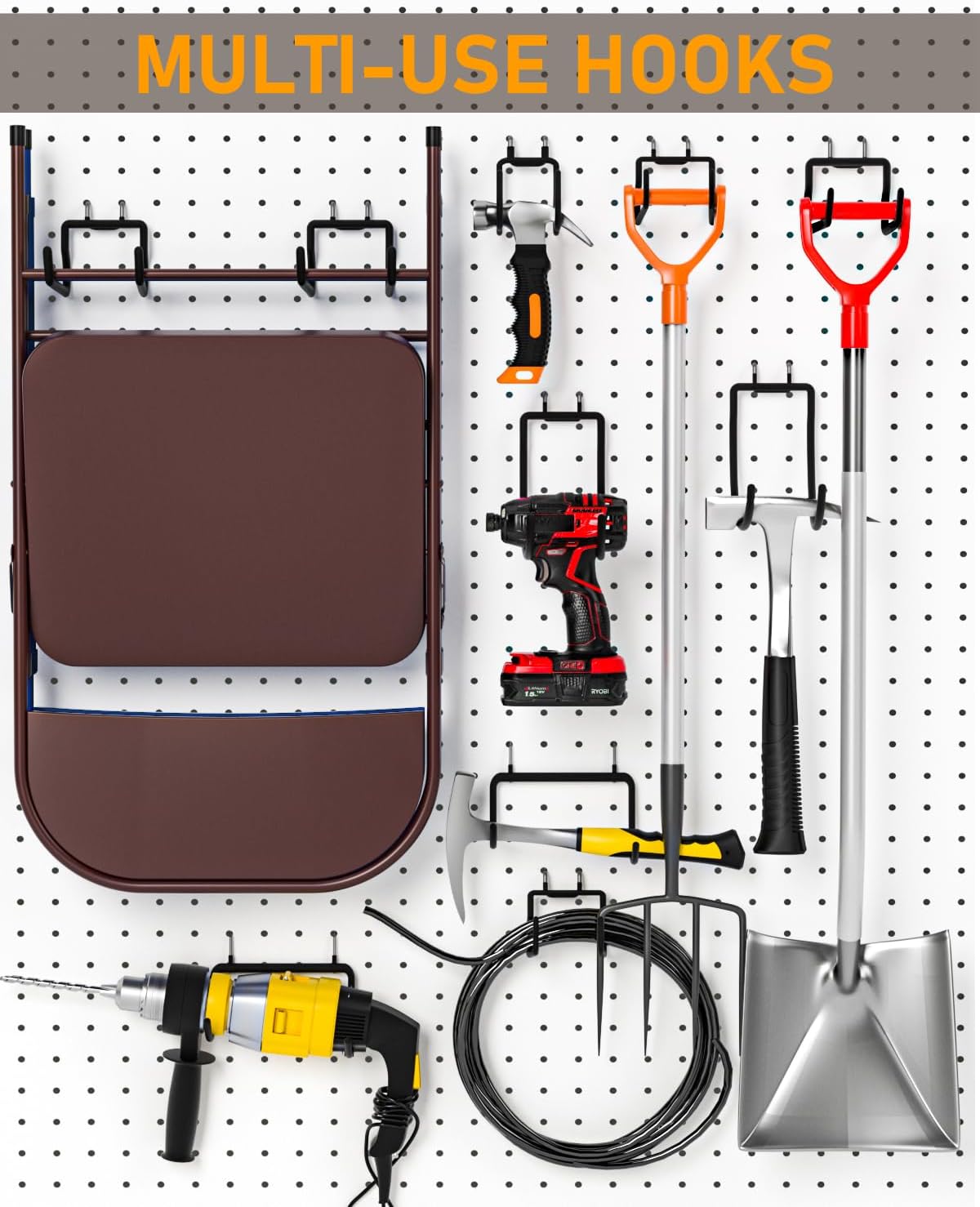 INCLY 36 Pack Heavy Duty Pegboard Hooks, 1/4" Pegboard Drill Holder Tool Utility Hooks, Peg Board Tool Hangers Accessories for Hanging Power Tools, Drill, Hammer, Workbench, Garage