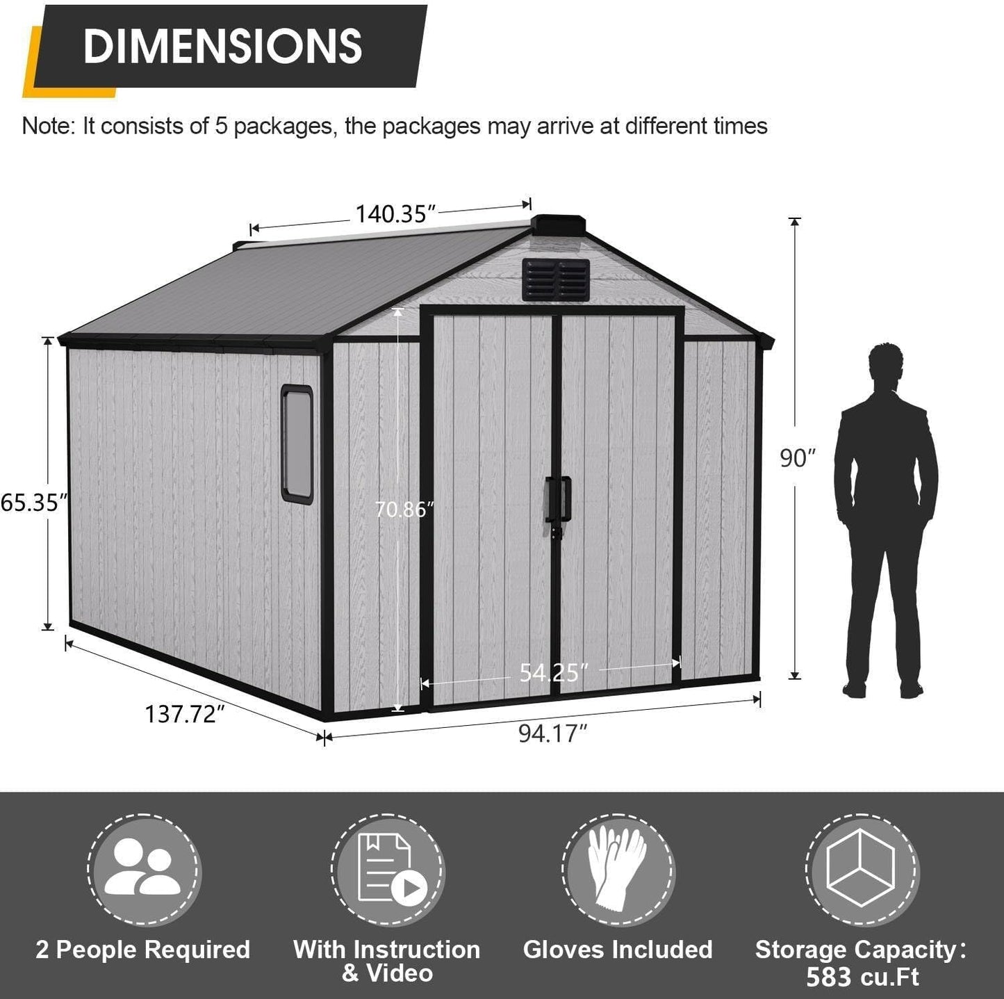 8 x 12 FT Resin Outdoor Storage Shed, All-Weather Plastic Garden Shed with Floor, Lockable Doors & Windows, Plastic Tool Shed for Poolside, Backyard, Patio