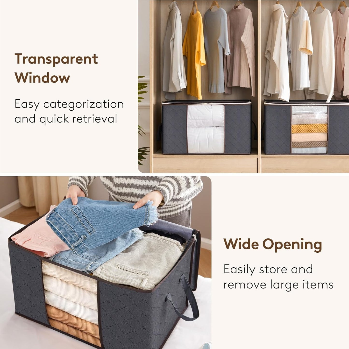 Lifewit 10 Pack Clothes Storage, Foldable Organization Bins with Lids and Clear Window for Blanket, in Closet with Reinforced Handles for Clothing, Bedding, Gray