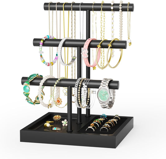 SZQINJI Bracelet Holder Display Organizer Stand, Necklace Holder Jewelry Holder Stand, Solid Wood Base with 3 Tier Metal T-bar for Bracelet Necklace Scrunchie Wristband Bangle Watch Ring, Black