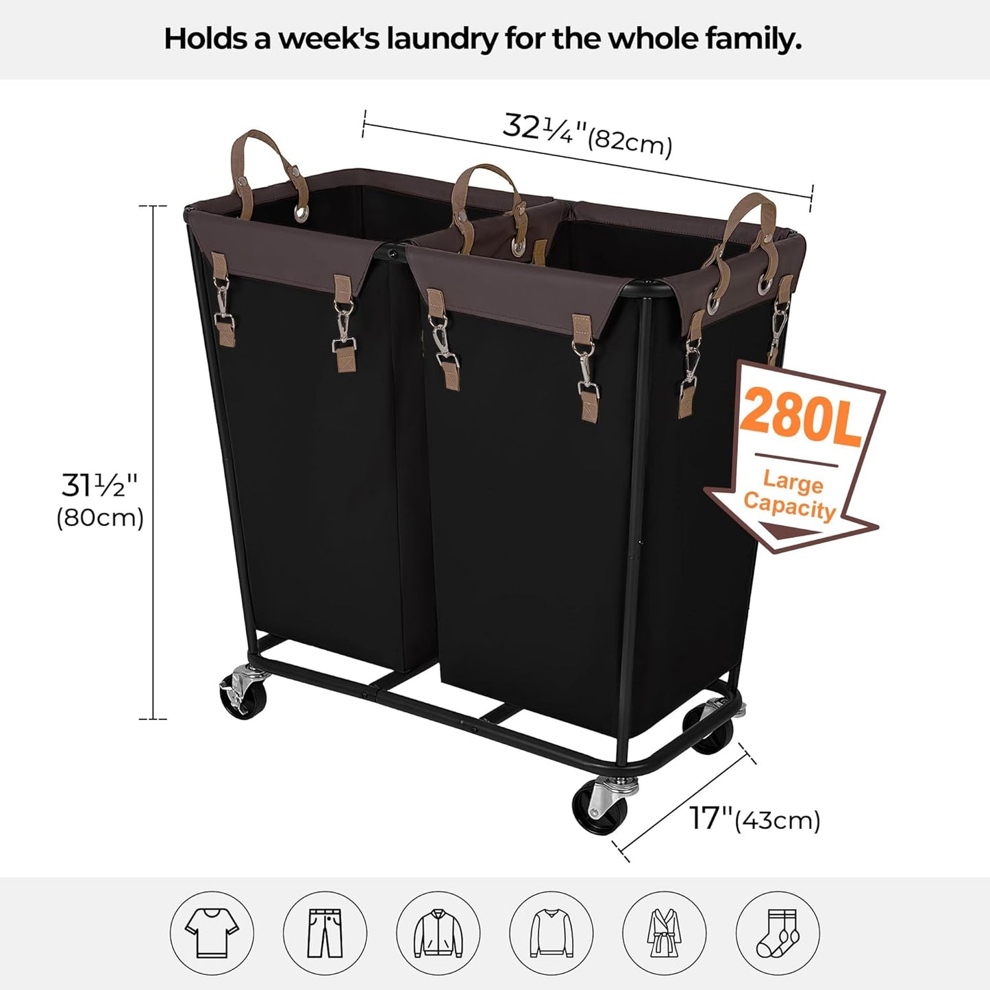StorageWorks 280L Large Lanudry Hamper with Wheels, Laundry Basket with Wheels 2 Sections, Clothes Sorter Cart with Divider for Hotel, Home, Black, 1-Pack