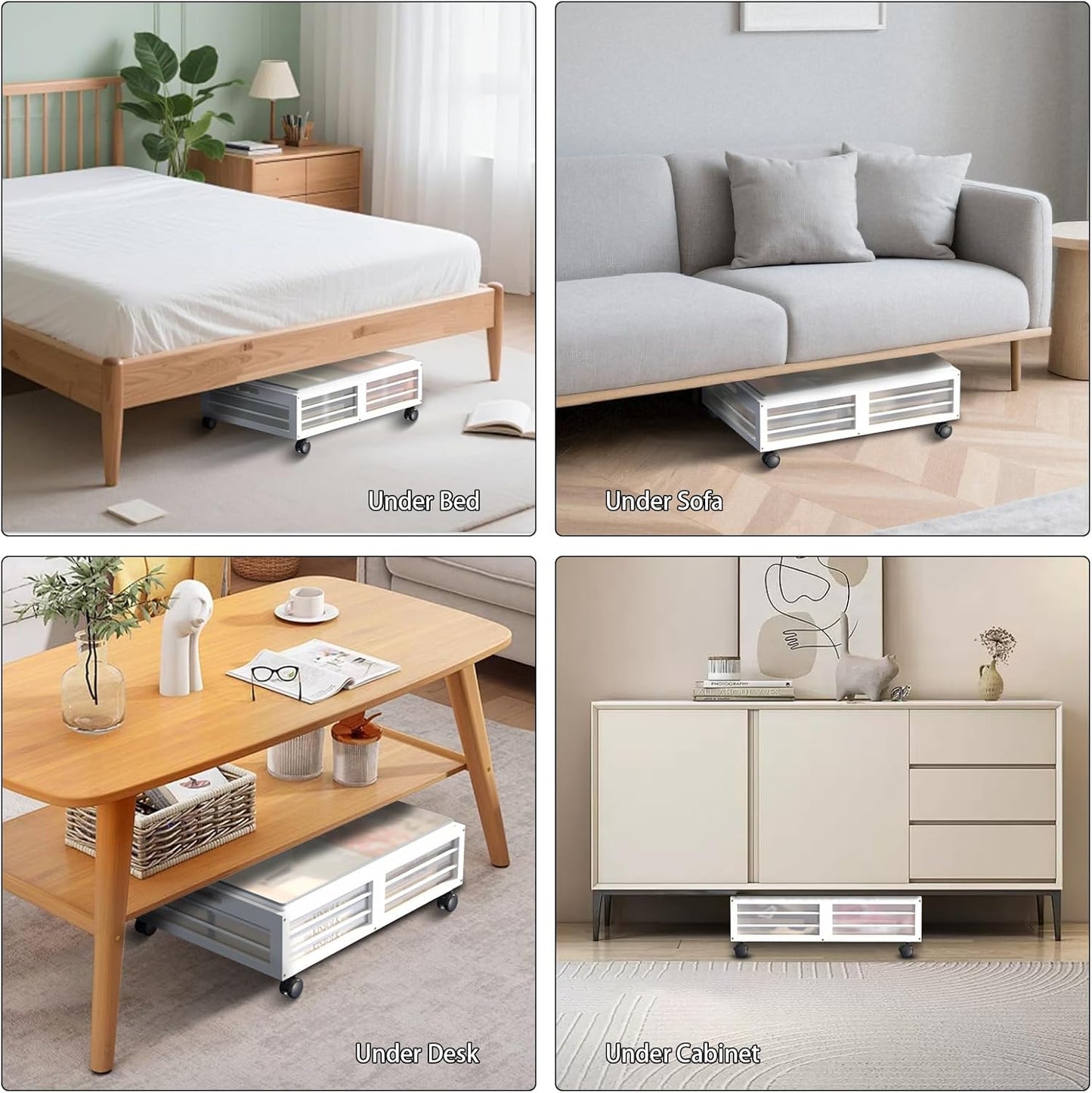 Under Bed Storage Containers with Wheels, Larger Bamboo Wood Under Furniture Storage Containers with Dust Bags，Rolling for Shoes Clothes