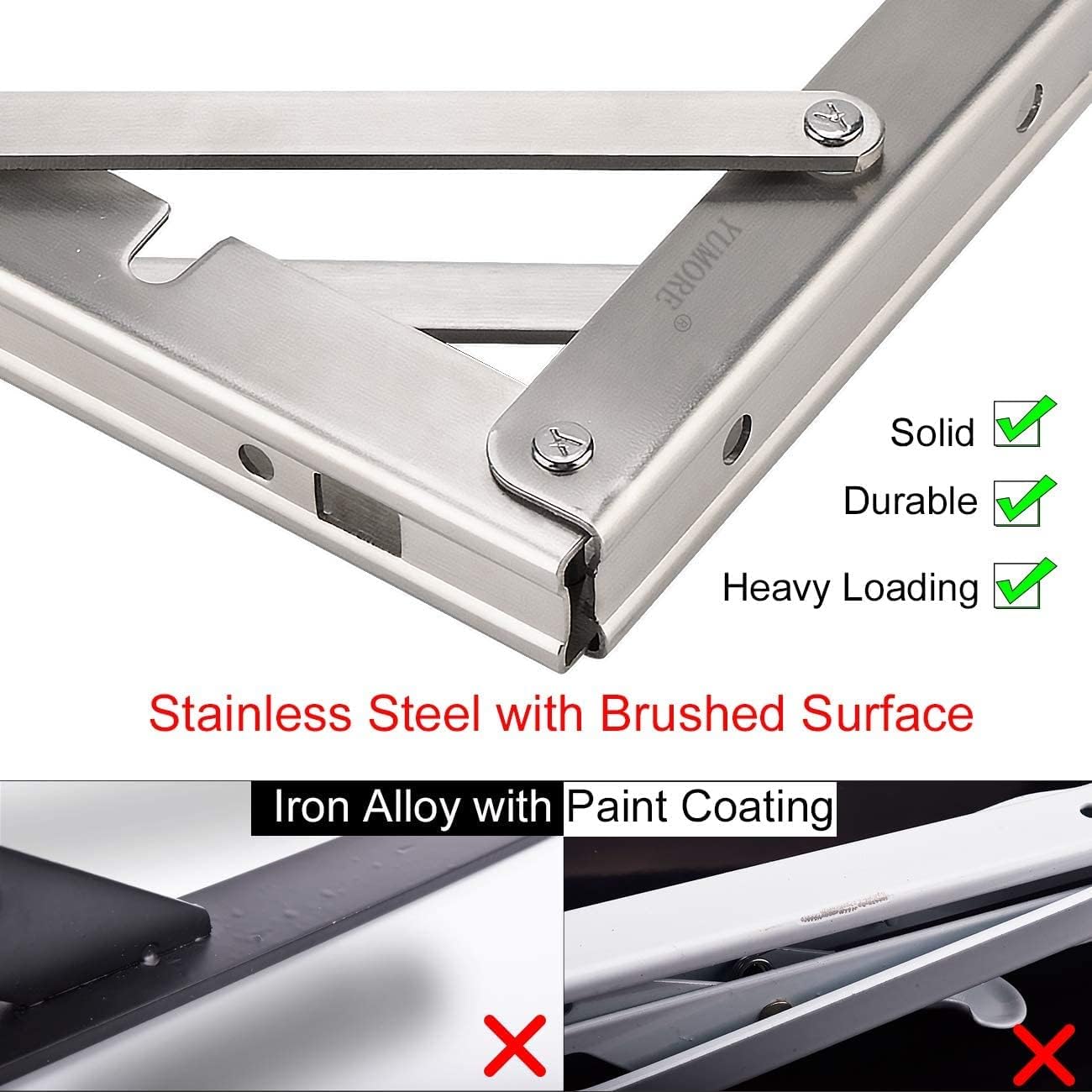 YUMORE Folding Shelf Brackets 8", Max Load: 300lb Heavy Duty Stainless Steel Collapsible Shelf Bracket for Table Work Bench, Space Saving DIY Bracket, Pack of 2