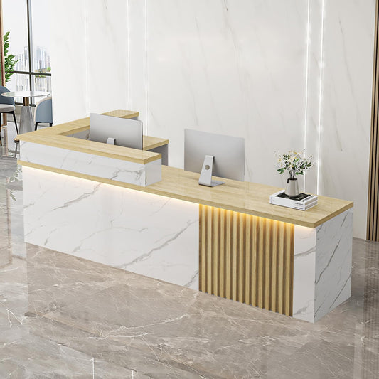 Receptionist Desk with LED Light，Wooden Salon Checkout Counter with Storage Drawer & Keyboard Tray Modern L-Shaped Reception Desk for Barbershop Office Company Store