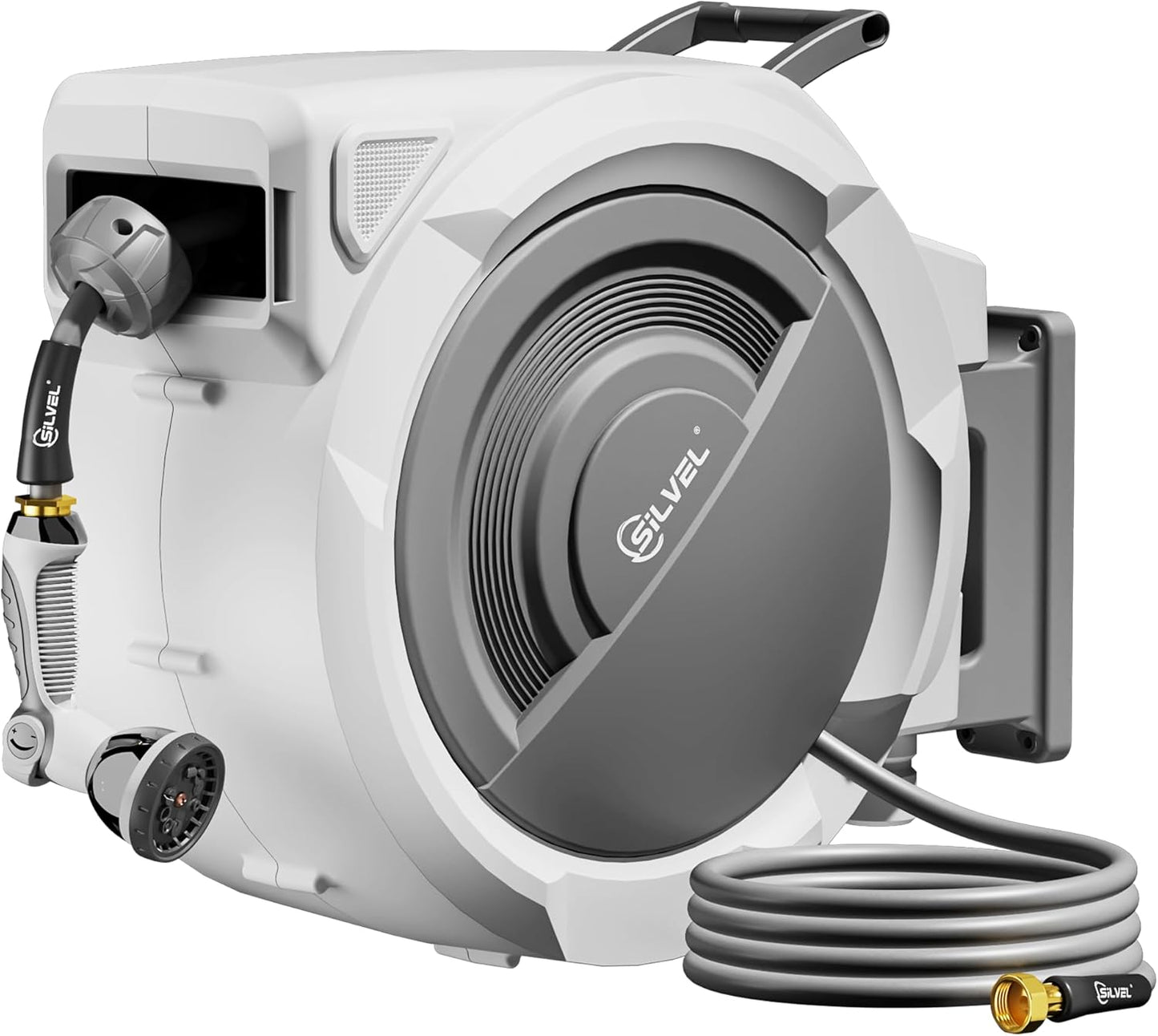 SILVEL Retractable Garden Hose Reel – 5/8 in x 110FT Heavy Duty Automatic Hose Reel Wall Mounted, Upgraded UV Resistant with 10 Pattern Nozzle, Any Length Lock & Slow Return System, 180°Swivel Bracket