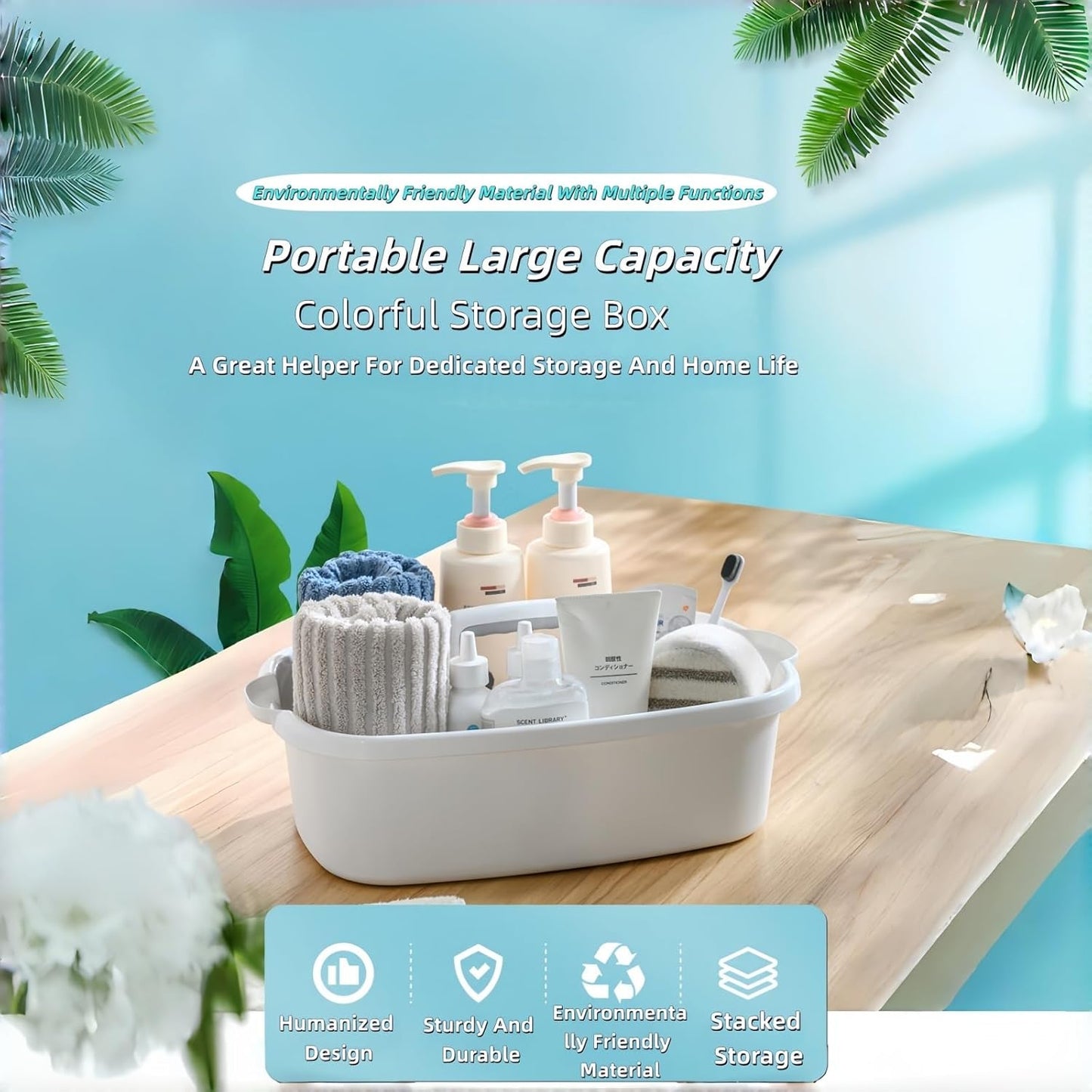 2 Pack Large Cleaning Caddy Portable Shower Basket Supply Organizer with Handle,Plastic Bucket Tool Storage,for Bathroom,Bedroom,Kitchen,Under Sink Storage (White)