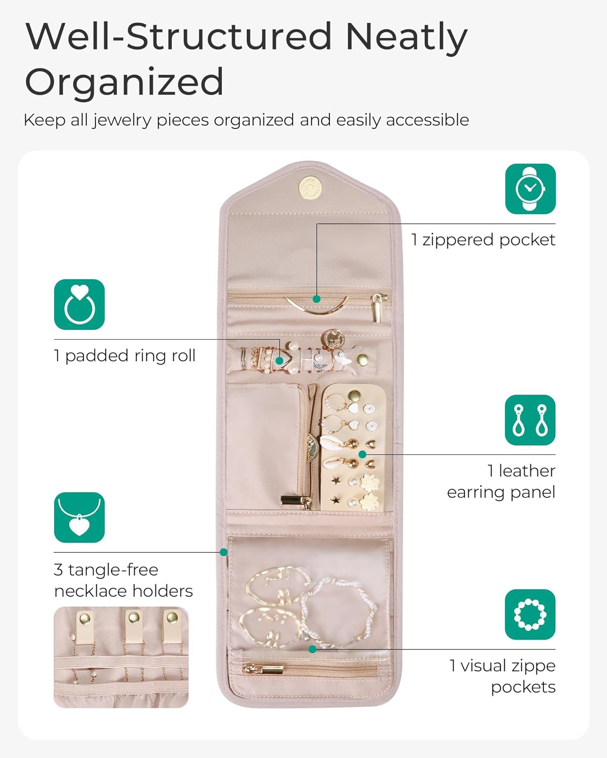 BAGSMART Travel Jewelry Organizer Case Foldable Small Jewelry Roll for Journey Rings, Necklaces, Earrings, Bracelets,Mini,Soft Pink