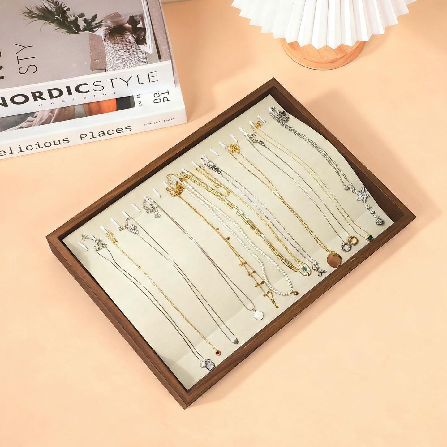 Large Jewelry Trays for Drawers Stackable Velvet Jewelry Display for Vendors Jewelry Drawer Organizer Inserts for Rings Necklace Bracelets Earrings and Studs Earrings (Beige, 20 Hooks)