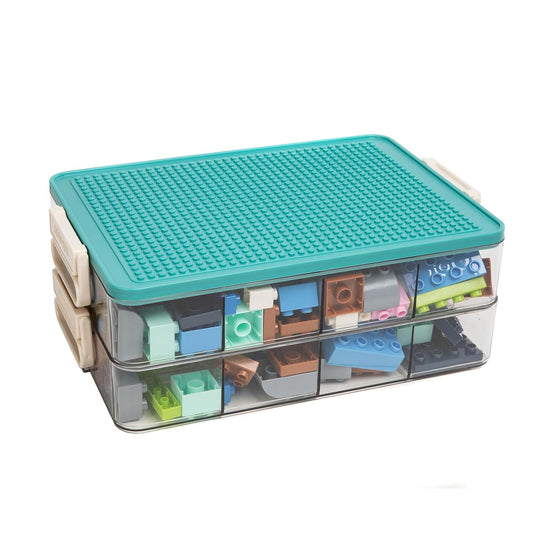 Toys Storage Organizer Bins for Lego, Stackable Toys Organizer, Lego Building Block Storage, Toy Storage Box with 24 Palace Grids, Plastic Stackable Organizer Bins (Green 2layers)