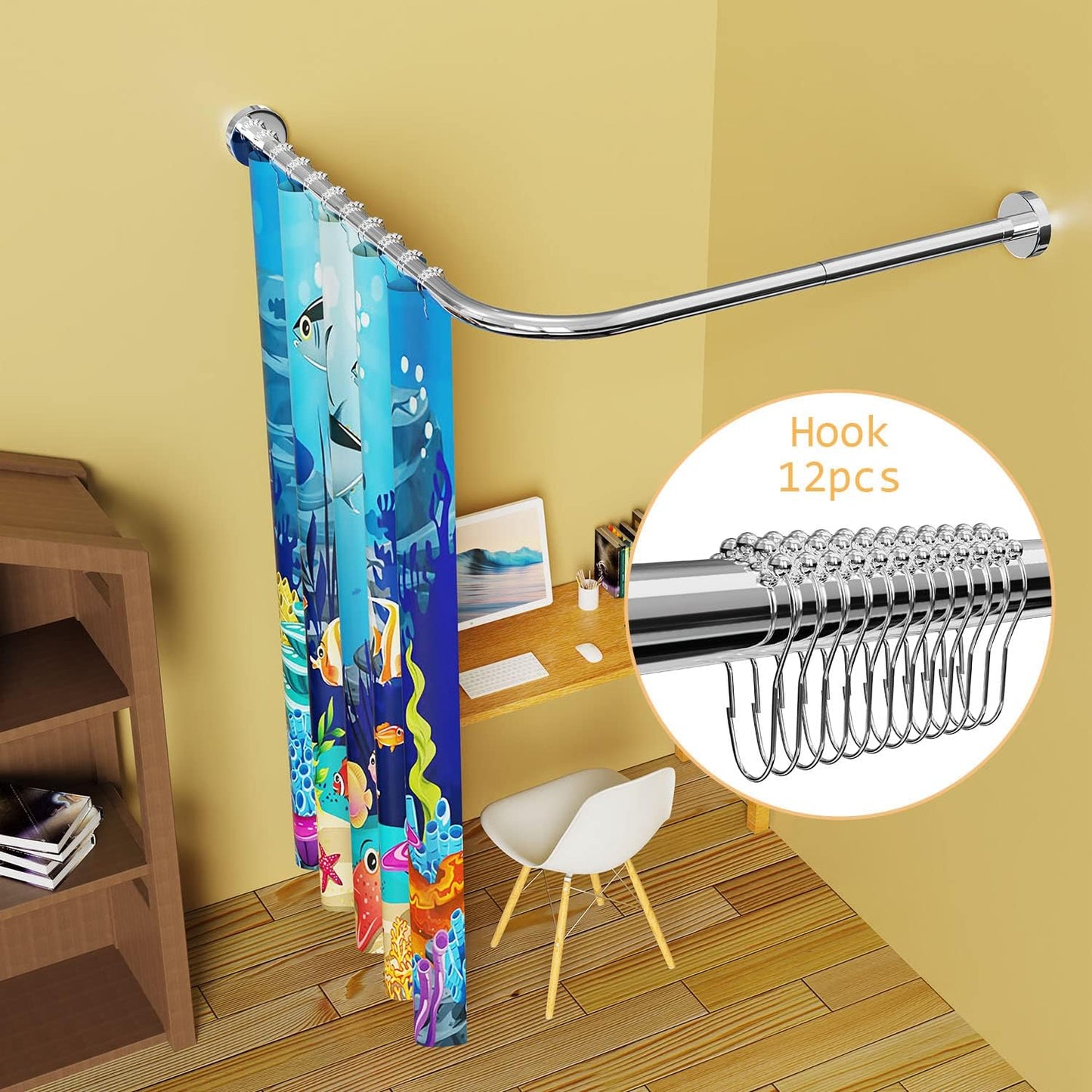 Stretchable 304 Stainless L Shaped Bathroom Bathtub Corner Shower Curtain Rod Rack, Drill Free Install, for Bathroom, Clothing Store, Private space(24"-53" x 24"-53", Maximum size 69'')
