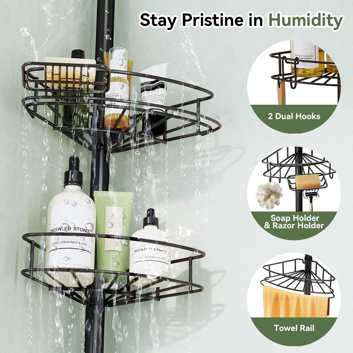 Corner Shower Caddy Tension Pole-4 Tier Adjustable Bathroom Shower Organizer with Soap Holder, Rustproof Shower Shelves Shower Rack for Inside Shower, Bathtub Shampoo Storage 29-118", Black