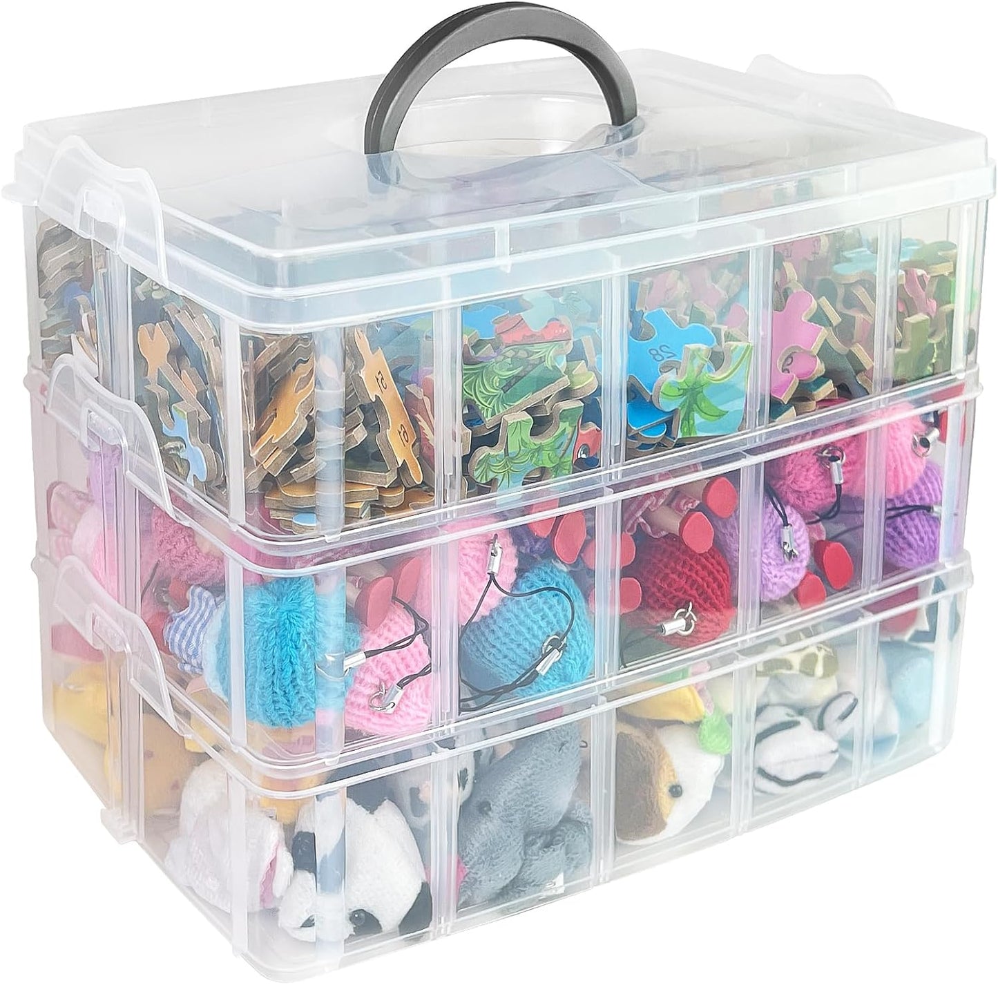 Guyuyii 3-Tier Stackable Bead Organizer with Adjustable Dividers - 30 Compartments Plastic Storage Box for Washi Tape, Lego Pieces, Rock Collection & Sewing Threads - Portable Craft Case with Handle