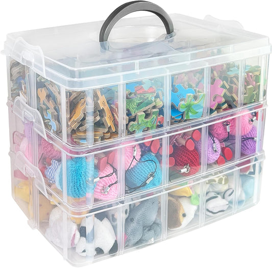 Guyuyii 3-Tier Stackable Bead Organizer with Adjustable Dividers - 30 Compartments Plastic Storage Box for Washi Tape, Lego Pieces, Rock Collection & Sewing Threads - Portable Craft Case with Handle