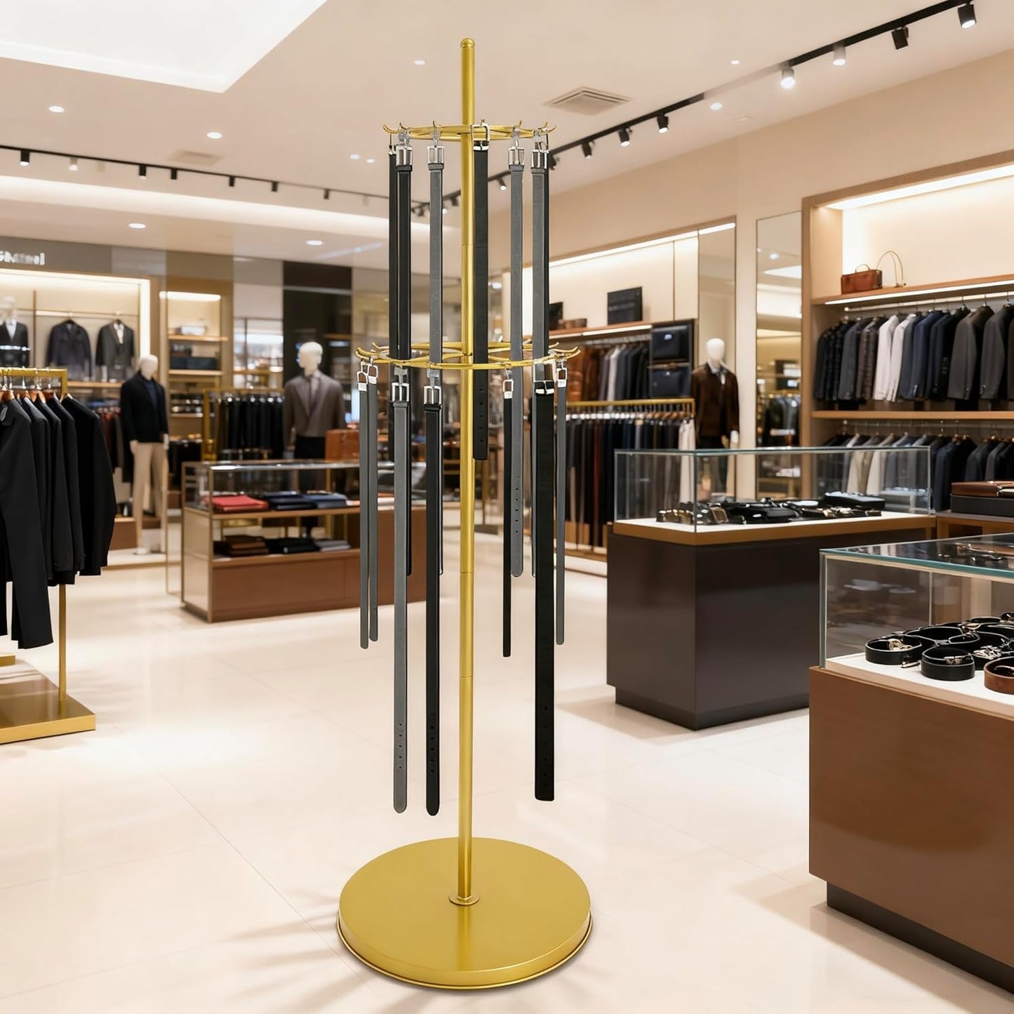 Gold Belt Display Scarf &Ties Rack Stand, 360° Rotation Floor Mounted Belt Hanger, Metal Men Closet Belt Organizer Holder Jewelry Necklaces Purse Hanger Shelf for Clothing Store Retail & Home