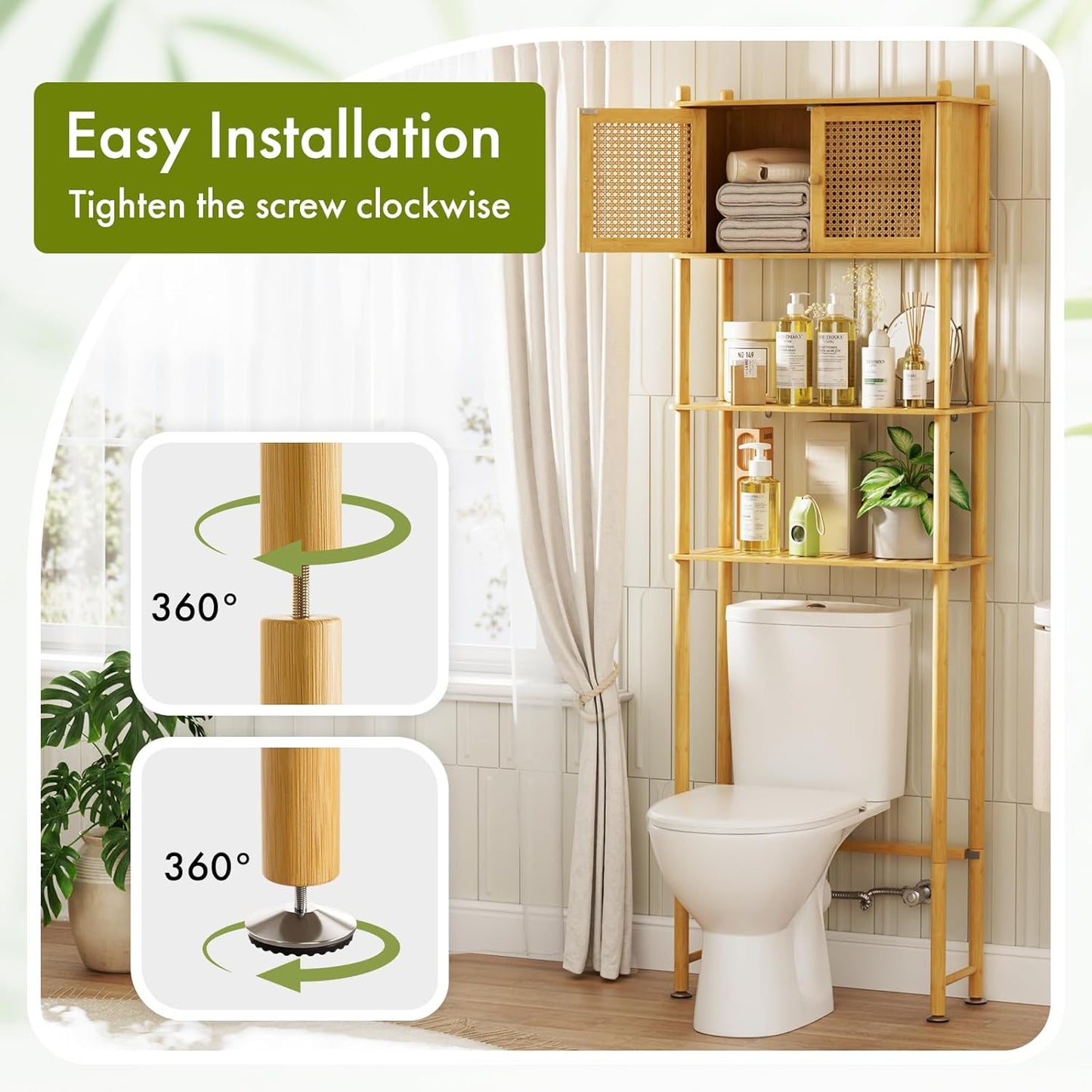 Over The Toilet Storage Cabinet Bamboo, 4-Tier Over Toilet Organizer Rack Freestanding Toilet Shelf for Bathroom, Laundry, Space Saver, Natural Color