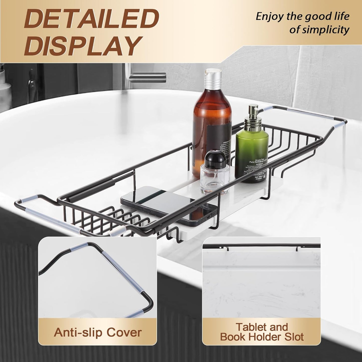 BVL Bathtub Tray Stainless Steel with Marble Base Matte Black Bathtub Tray with White Marble Base Adjustable & Rustproof Bath Caddy for Spa, Relaxation, Bath Bombs