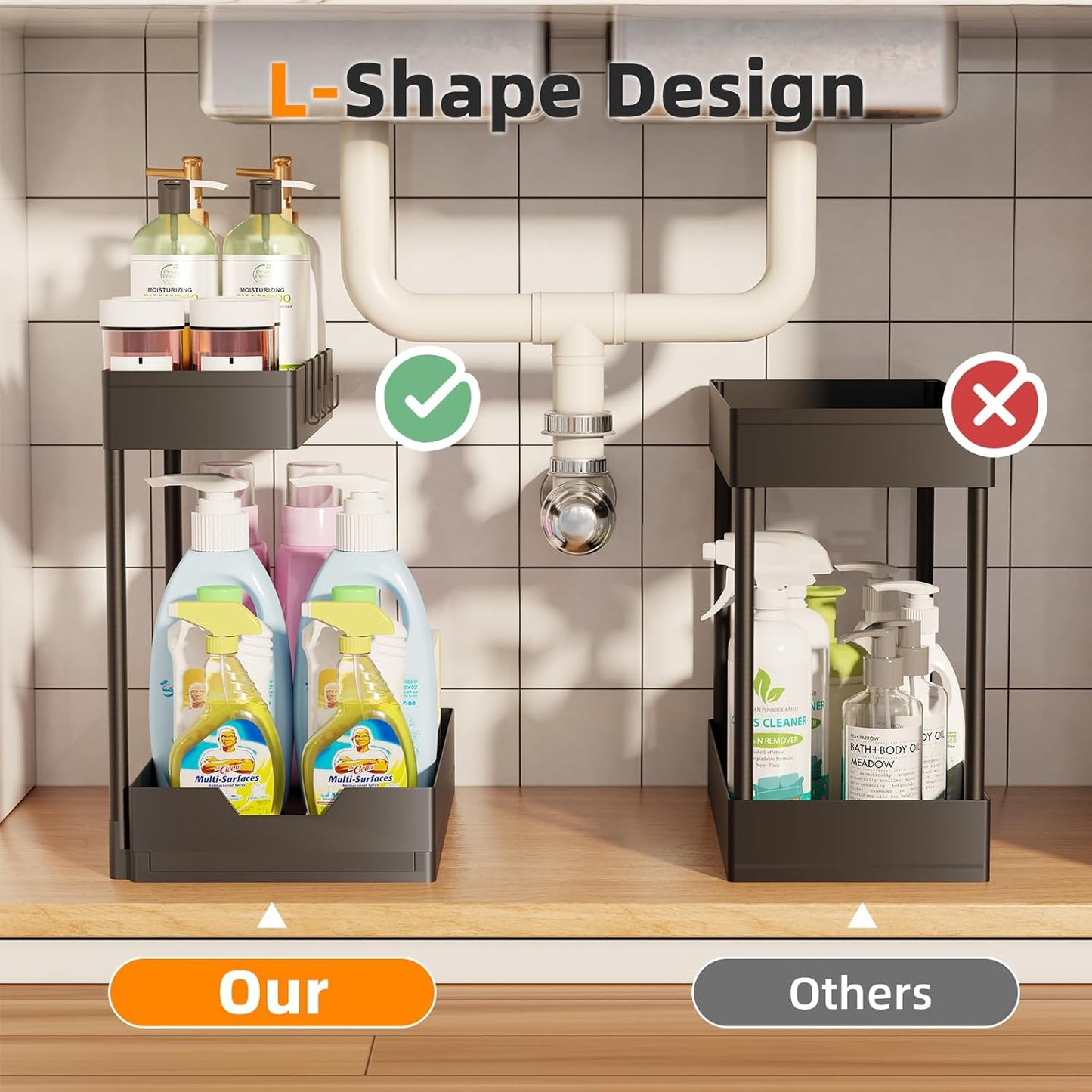 Simple Trending Under Sink Organizer 2 Pack, L-Shaped Sink Pull-Out Sliding Storage Cabinet, 2-Tier Under Shelf Organizer for Kitchen Bathroom with Hooks, Black