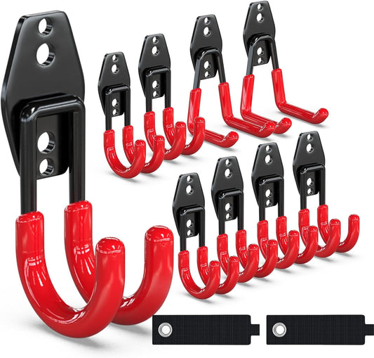 3-H Garage Wall Hooks 10 Pack, Garage Hooks Heavy Duty with Extra Welding Spots, Wall Storage Organizer for Hanging for Garden, Lawn, Yard (Red)
