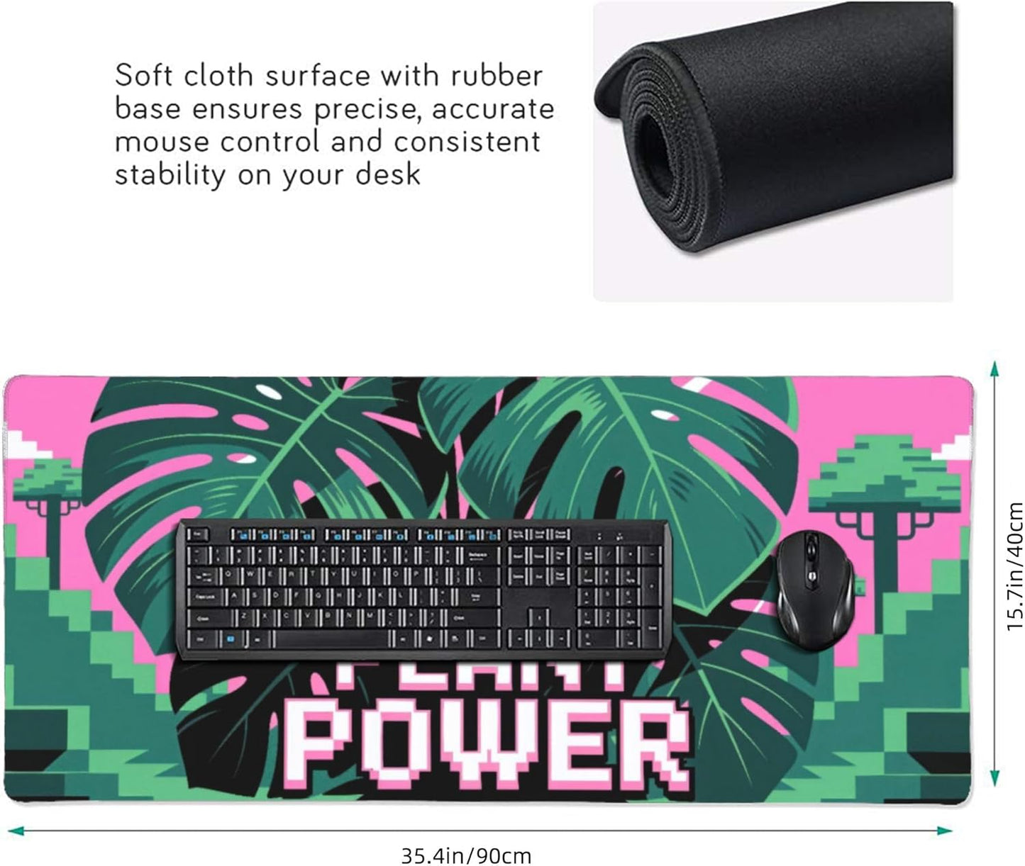 Pixel Plant Power Large Mouse Pad, Cool Gaming Desk Mat, XXL Keyboard Desk Pad Mat for Desktop, 35.4"x15.7" Non-Slip Base Big Mousepad with Stitched Edges