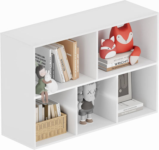 Book Shelf, Wooden Cube Storage Organizer with 11" Open Cubes, Stackable Modular Bookcase for Room Divider Storage, 2 Tier Bookshelf for Living Room, Bedroom, Office (White, 5-Cube)
