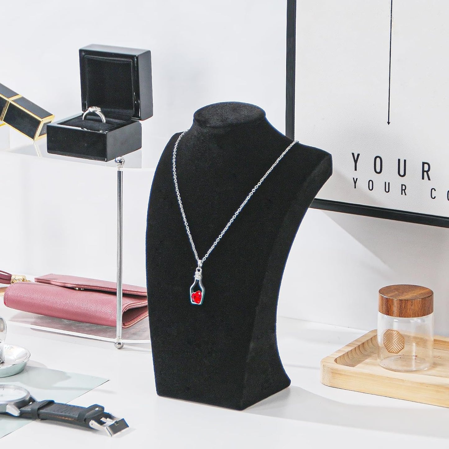 Necklace Bust Display Stand, Black Velvet Necklace Display Holder, Jewelry Necklace Organizer Rack for Home Use or Shop Show (9" Height)