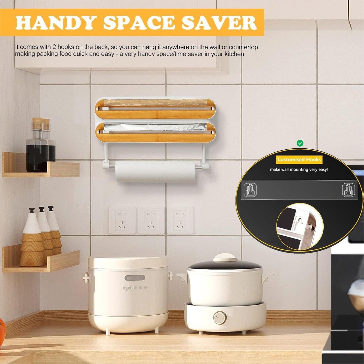 Magnetic Plastic Wrap Dispenser with Cutter - Quasziwa Refillable Tin Foil and Plastic Wrap Organizer for Kitchen, Aluminum Foil Dispenser with Paper Towel Holder Wall Mount - Fits 12" Roll, White
