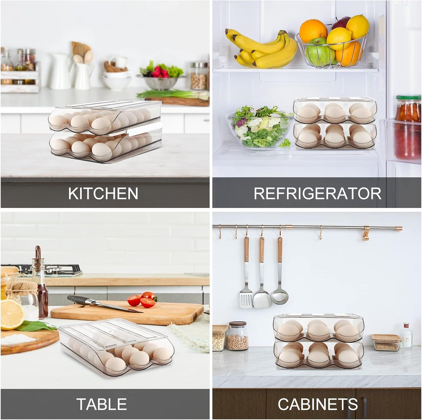 Egg Holder for Fridge, Automatically Rolling Egg Storage Container for Refrigerator,Large Capacity Egg Organizer for Fridge with Lid,Clear Plastic Dispenser, Tray & Bin -2 Layer