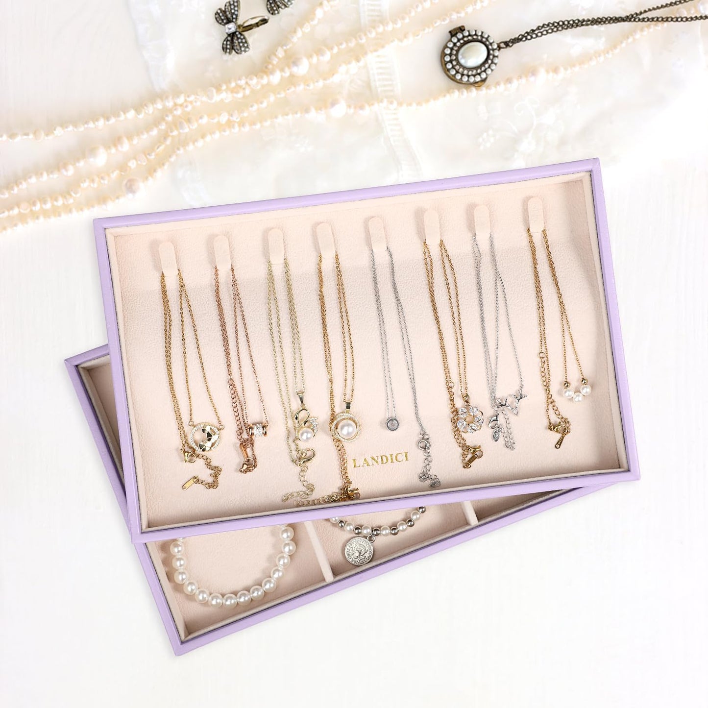 LANDICI Stackable Jewelry Organizer Trays 4 Set,PU Leather Jewelry Organizer Drawer,Jewelry Storage Display Tray for Earring Necklace Rings Bracelet with Removable Dividers,Lavender