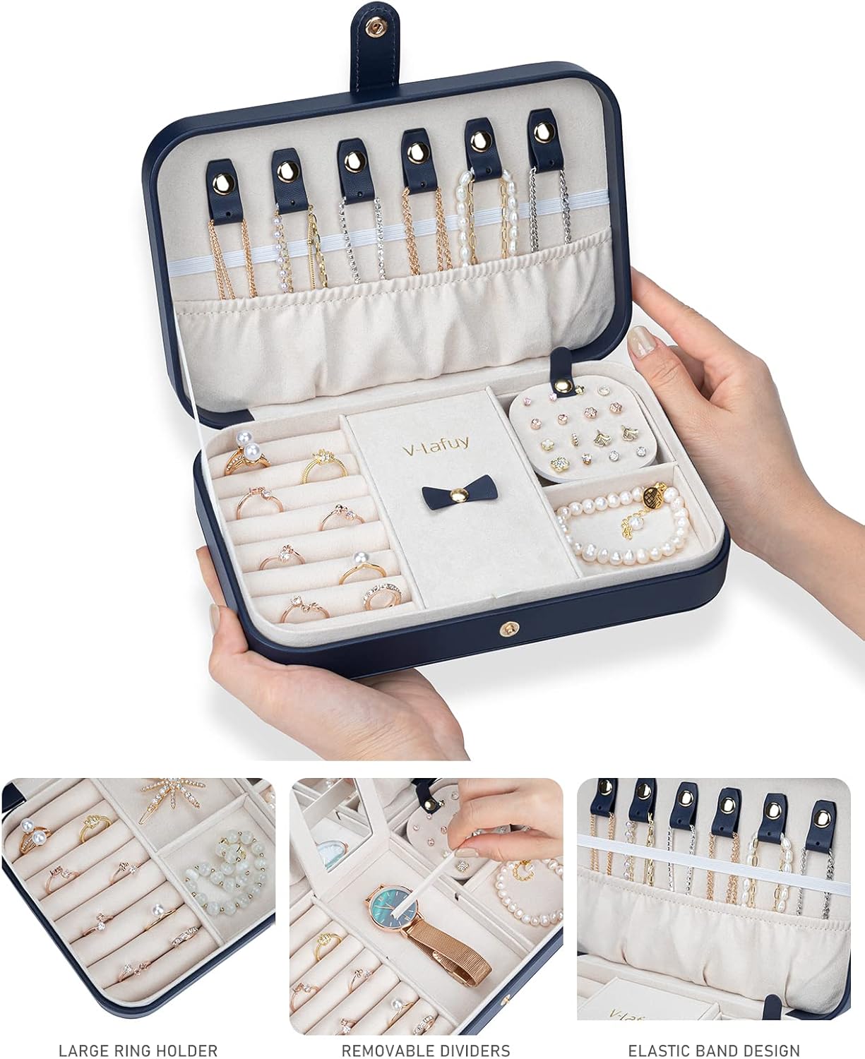 Travel Jewelry Case, Jewelry Box Small PU Leather Portable, Jewelry Travel Case for Rings Earrings Necklaces Bracelets Watch, Navy B