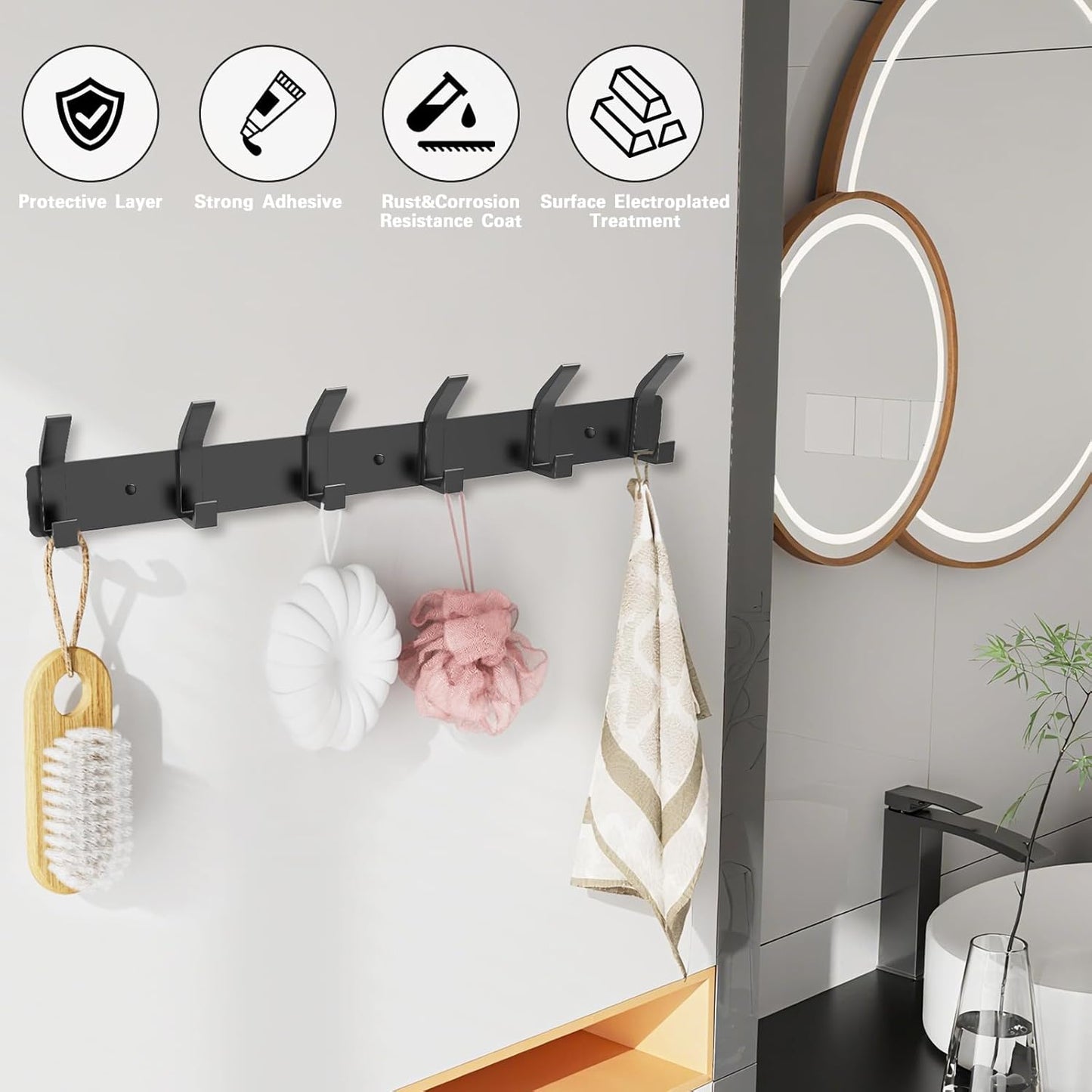 2 Pack Coat Rack Wall Mount,17.3 in Wall Hooks for Hanging, Coat Hanger Wall Mount Towel Rack Hat Rack for Wall with 6 Hooks for Entryway, Bedroom, Bathroom (Black,6 Hook-2Pack)