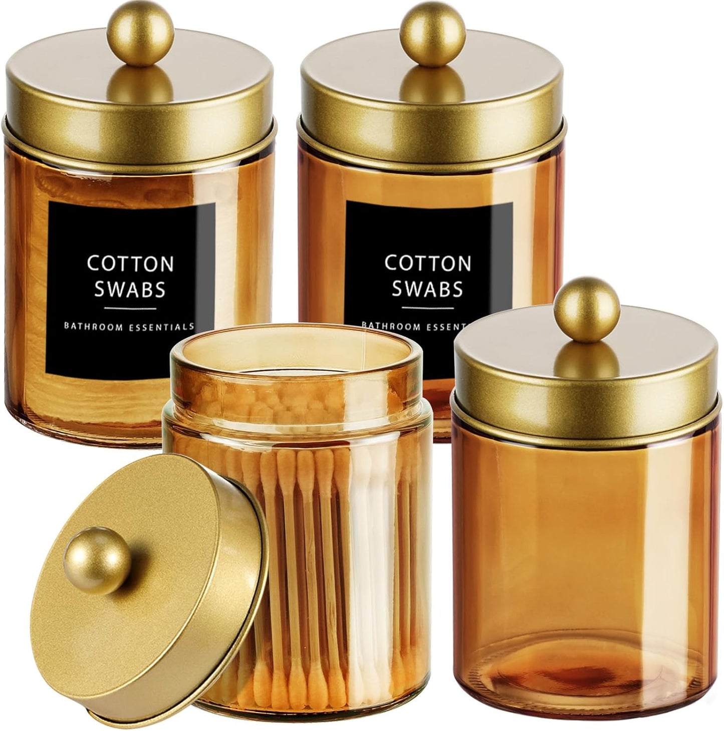 Amolliar Bronze Glass Apothecary Jar, Qtip Holder Metal Lid & Stickers, Bathroom Qtip Dispenser Storage Canister, Perfect for Cotton Balls, Cotton Swabs, Makeup Pads, Bath Salt, Floss, 4 Pack (Gold)