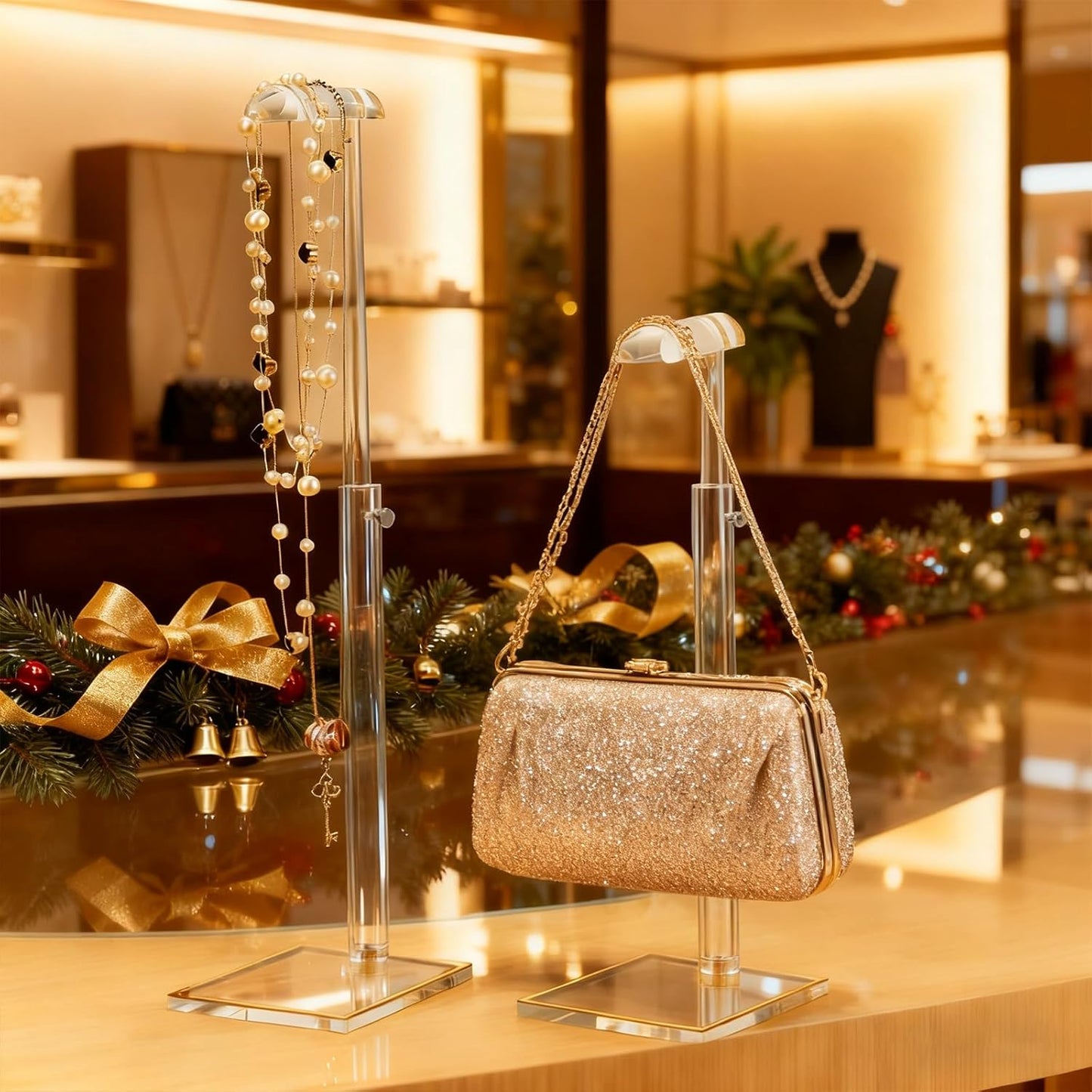 Adjustable Purse Display Stands, 2pc-9" to 16"&13"-24", Acrylic Purse Holder Stand, 8.5mm Thick Base Clear Handbag Hanging Stand for Vendor Boutique Retail Counter Display Tote Bag Clutch Jewelry