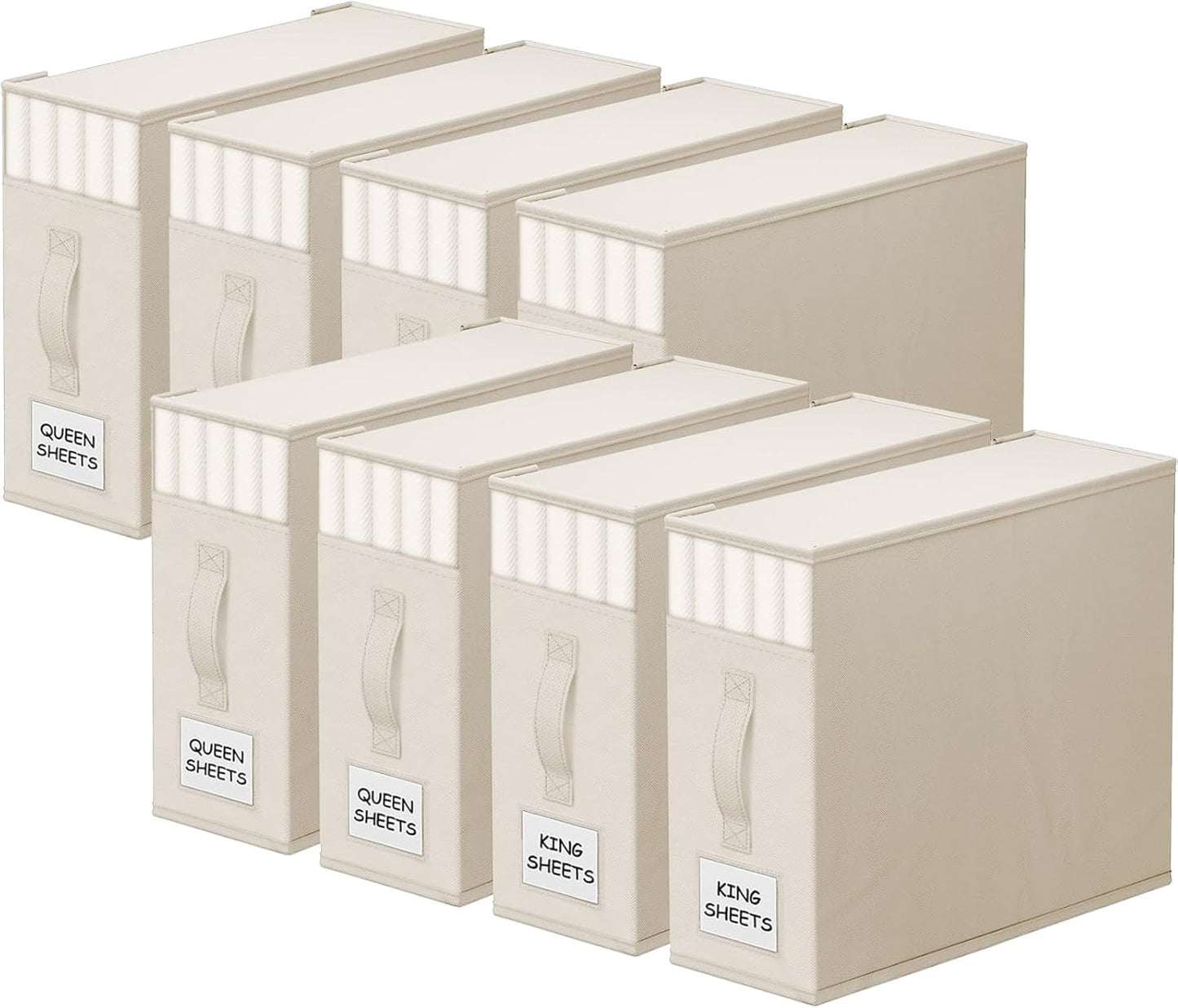 8 Pack Bed Sheet Closet Organizers and Storage,Sturdy Foldable Storage Containers with Window and Label,Storage and Organization for Bedding Sheets,Duvet Covers,Blankets (Beige)