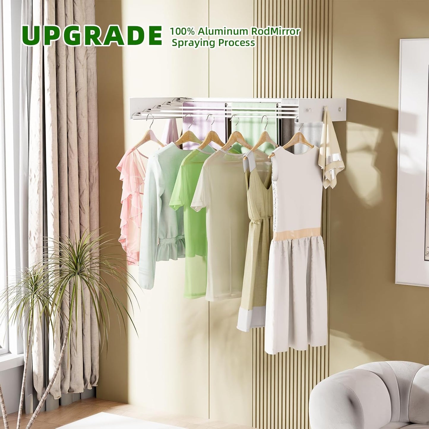 Wall Mounted Drying Rack for Laundry 31.5'', Folding Clothes Drying Rack Wall Mount with 5 Rods and 6 Hooks, Space Saving Collapsible Towel Rack for Indoor Outdoor Bathroom Balcony (White, 31.5'')