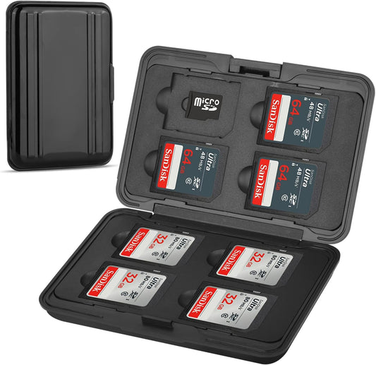 Aluminum Shock Resistant Carrying Box Holder Memory Card Storage Box Case Holder 8 Slots for SD SDHC MMC Micro SD TF Cards (Black)