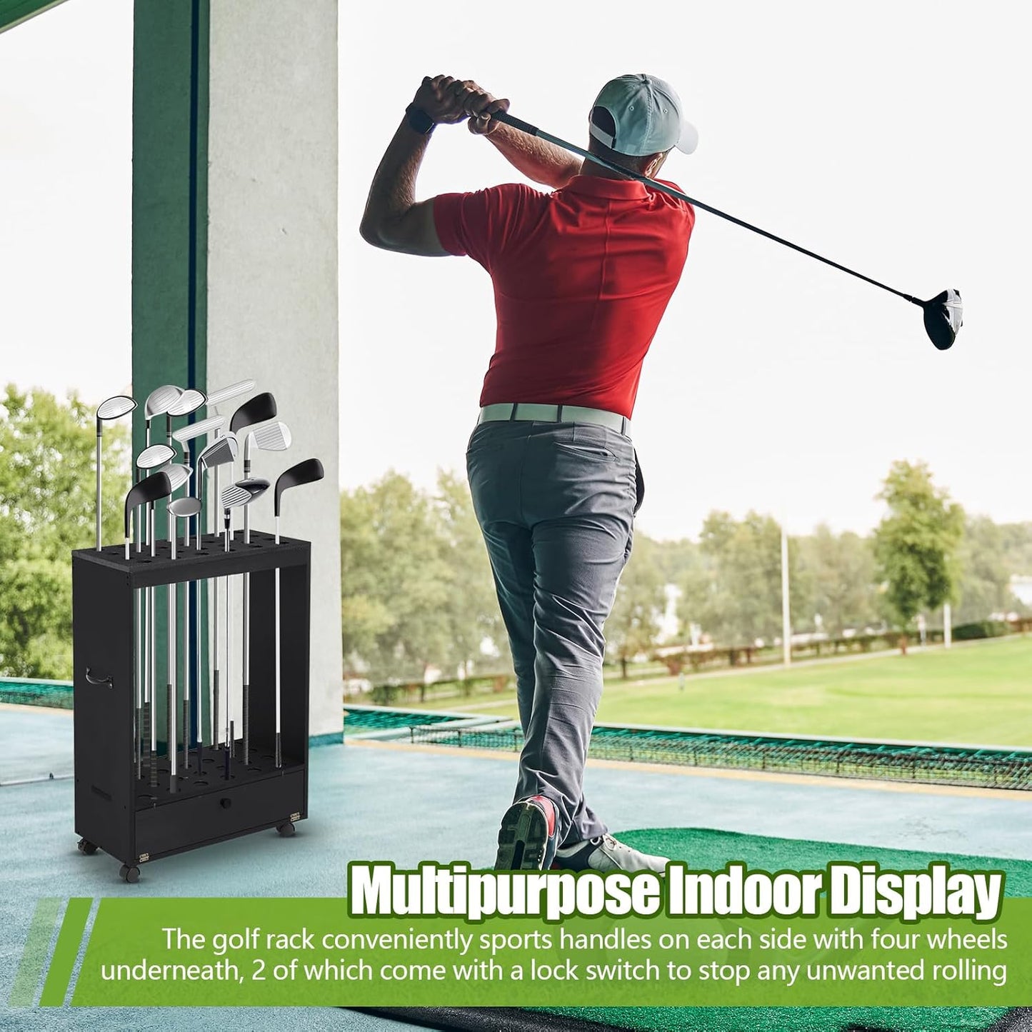 27 Hole Golf Club Stand Holder Wooden Golf Club Organizer Putter Display Rack with Storage Drawer and Wheel for Indoor Home Office Simulator Garage