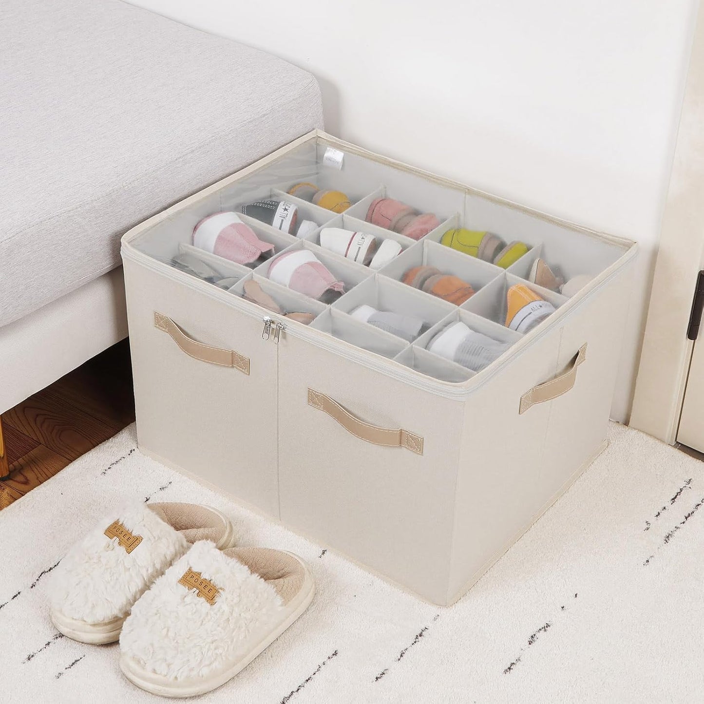 Shoe Organizer for Closet 2 Pack, Foldable Shoe Box with Adjustable Dividers and Clear Cover, Space Saving Shoe Storage Organizer Cabinet with Reinforced Handles, Fits 32 Pairs Beige TP12Y