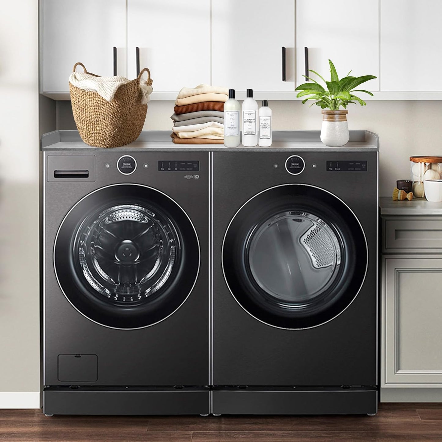Royxen Washer Dryer Countertop with Solid Wood Core,54“W x 27.5D Laundry Countertop with Edge Rails,Washer and Dryer Topper for Laundry Room Organization (Grey)