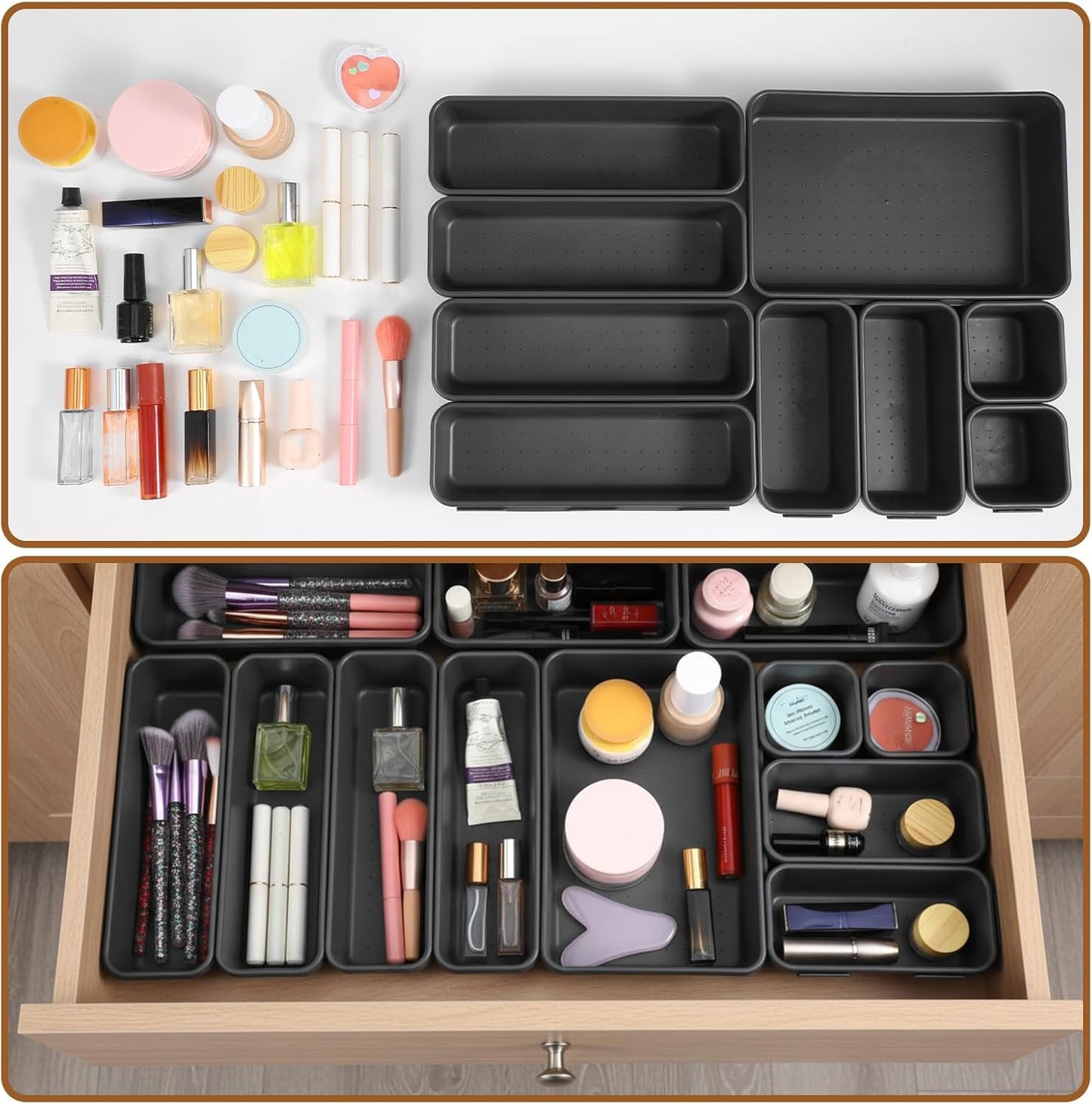 9 Pcs Stackable Drawer Organizer Trays Set, Multifunctional Storage Trays for Vanity, Bathroom, Kitchen, Office, Multi-size Durable Plastic Desk Drawer Organizer Bins, Custom Layout Design