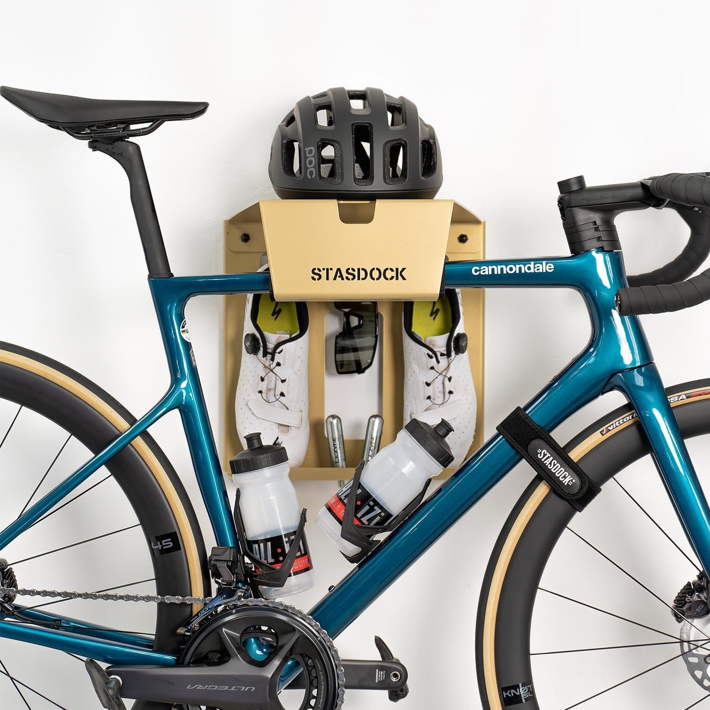 Stasdock Wall Bike Rack | Bike Storage Wall Mount System | For Race Bicycles (New Gold) and Mountain Bikes | Bike Shelf | Indoor bike wall bracket | Store your helmet and shoes | Home and Garage