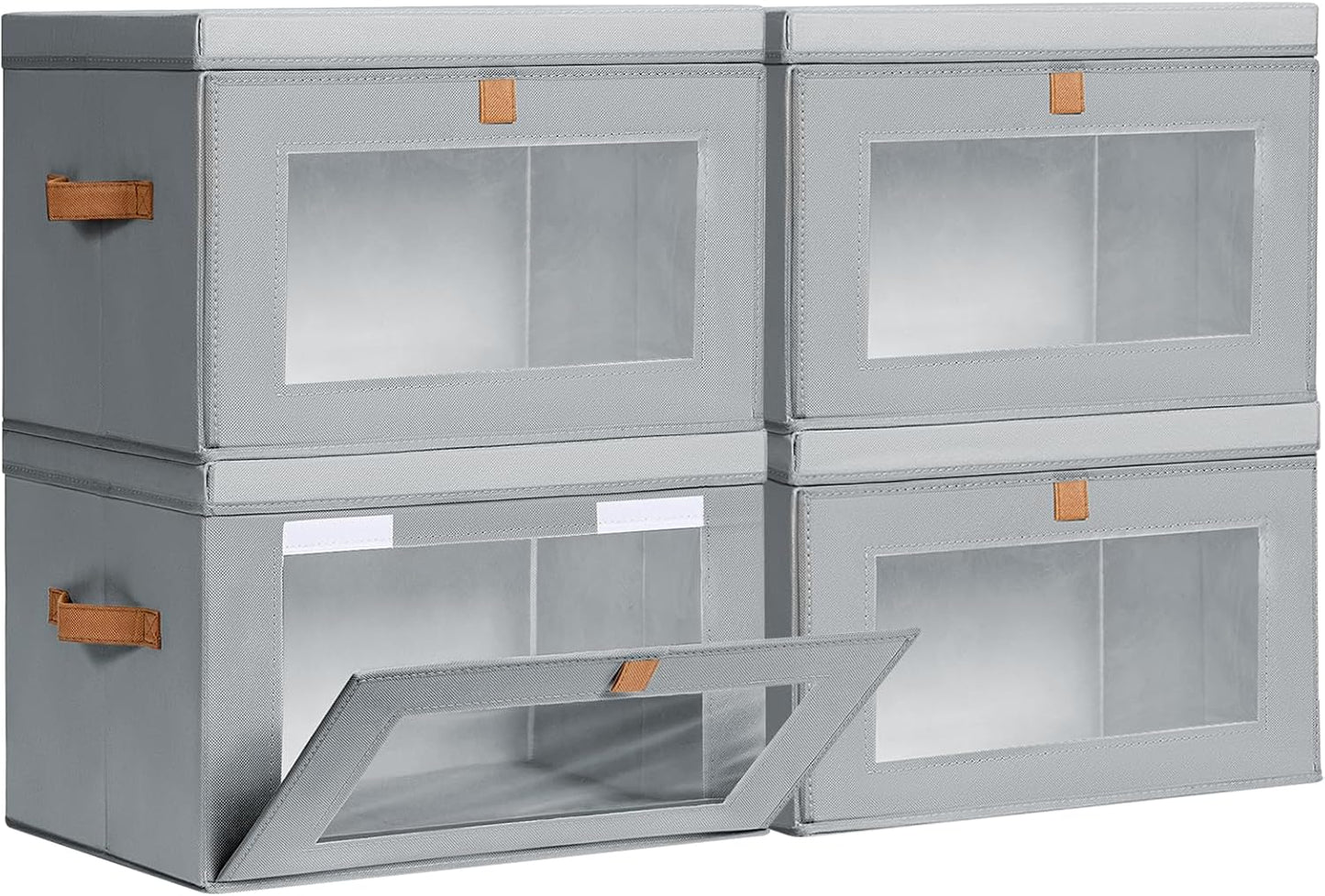 Large Closet Storage Bins - Collapsible Storage Bins with Handles & Window, Fabric Cube Organizer with Lids, Decorative Boxes for Living Room, Closet, Dorm, 4 Pack, Grey
