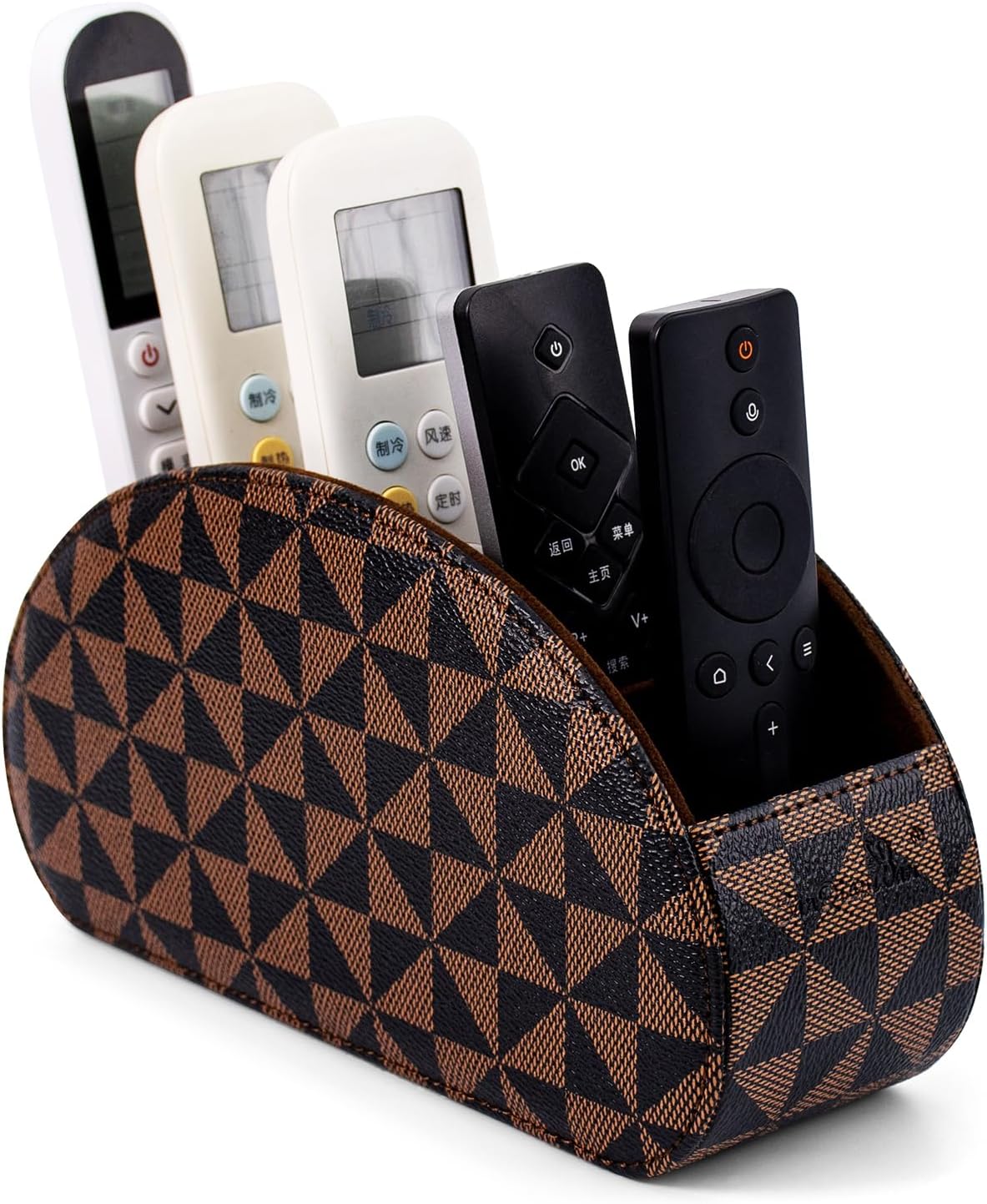 Remote Control Holders Organizer Box with 5 Compartment PU Leather Multi-functional Office Desk Storage Caddy Store Tv Remote for Media Player,Brush,Pencil,Glassees&Office Supplies (Triangle print)