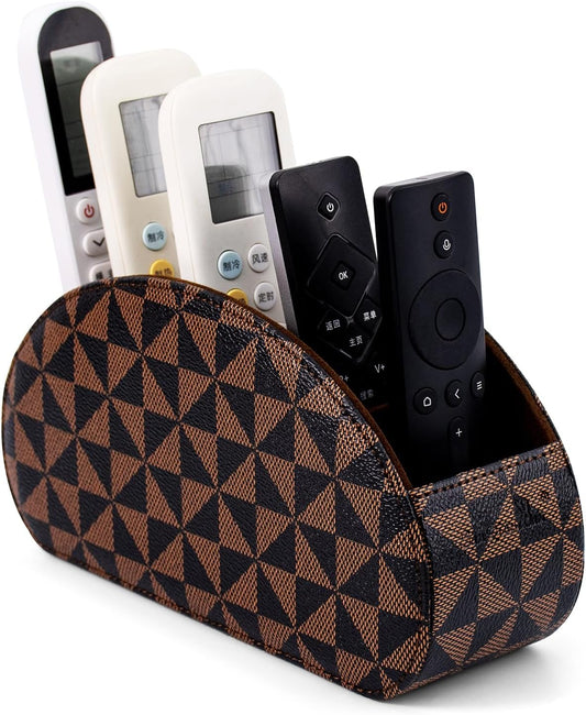 Remote Control Holders Organizer Box with 5 Compartment PU Leather Multi-functional Office Desk Storage Caddy Store Tv Remote for Media Player,Brush,Pencil,Glassees&Office Supplies (Triangle print)