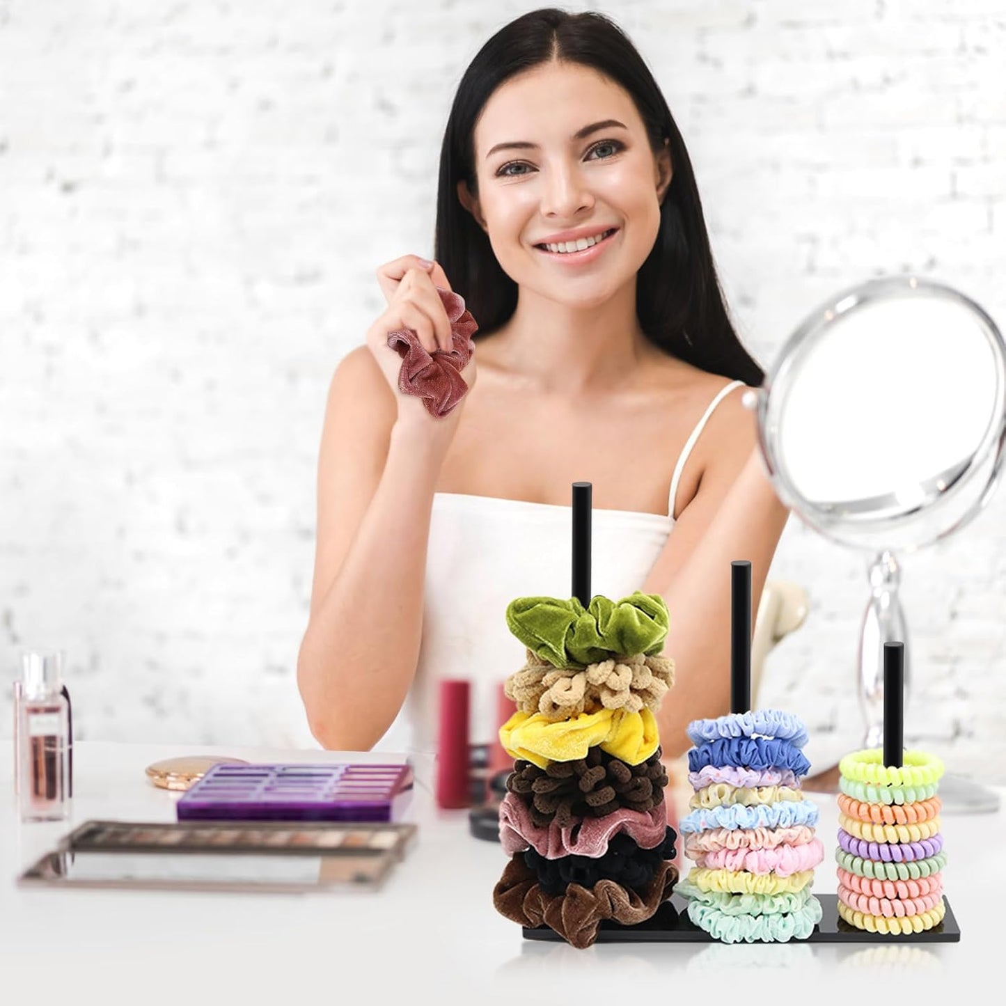 SMUK 3-Tiers Acrylic Scrunchie Holder Organizer, Black Hair Tie Holder Stand for Women Teen Girls Scrunchie Storage Scrunchy Hair Accessories Organizer